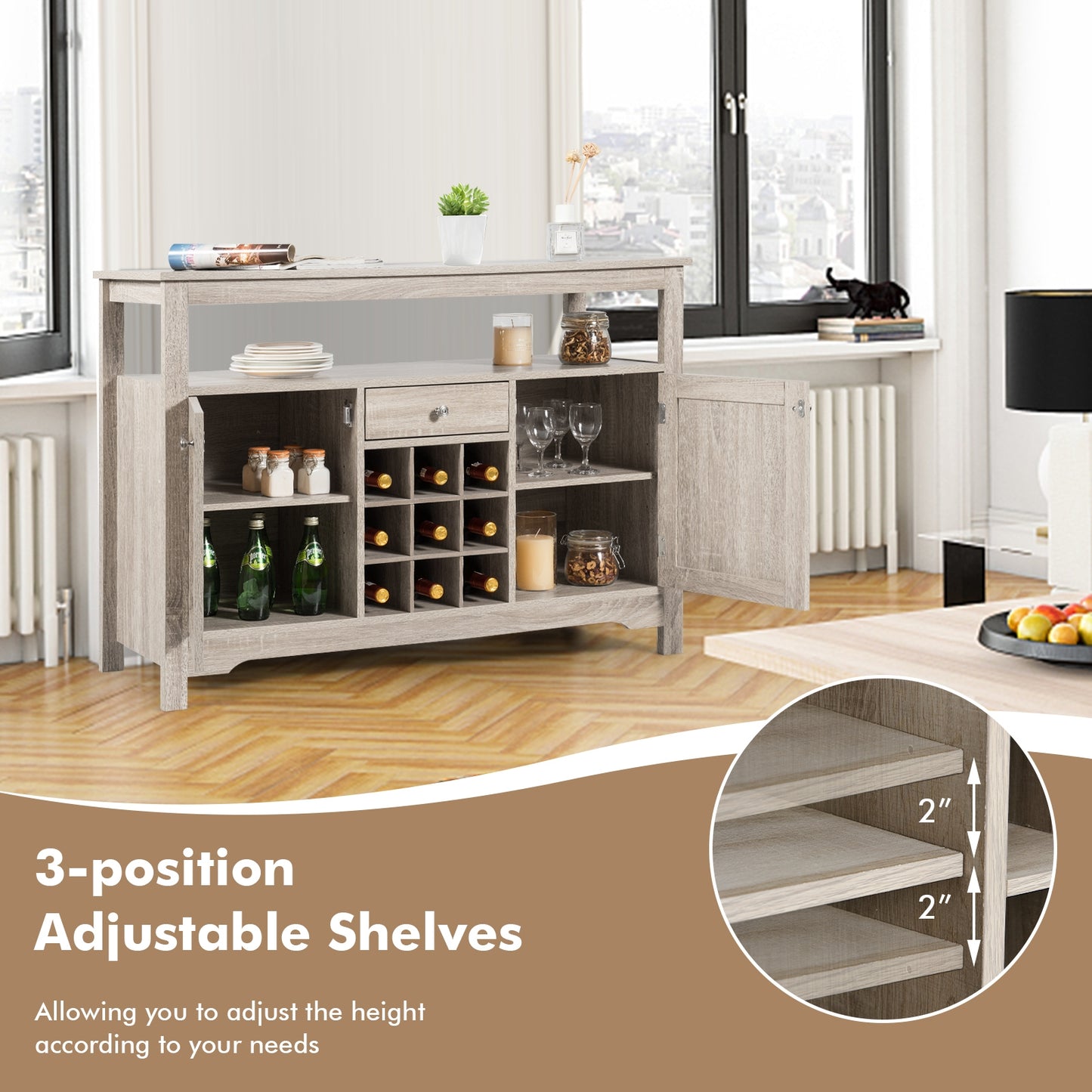 Modern Buffet Sideboard with Wine Rack Storage and Cabinets for Dining Room or Kitchen Console - Grey