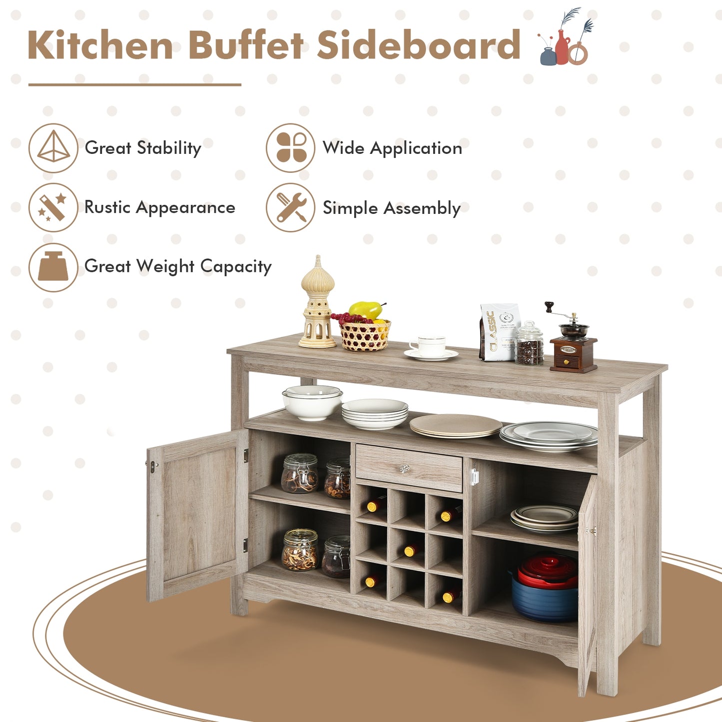 Modern Buffet Sideboard with Wine Rack Storage and Cabinets for Dining Room or Kitchen Console - Grey