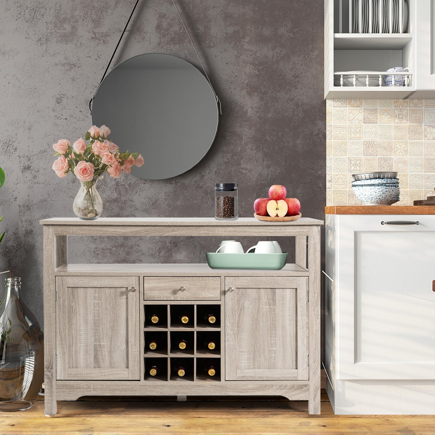 Modern Buffet Sideboard with Wine Rack Storage and Cabinets for Dining Room or Kitchen Console - Grey