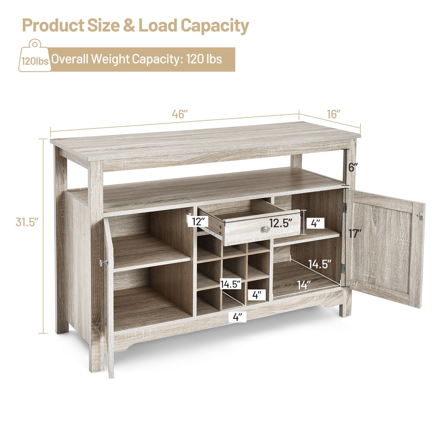 Modern Buffet Sideboard with Wine Rack Storage and Cabinets for Dining Room or Kitchen Console - Grey