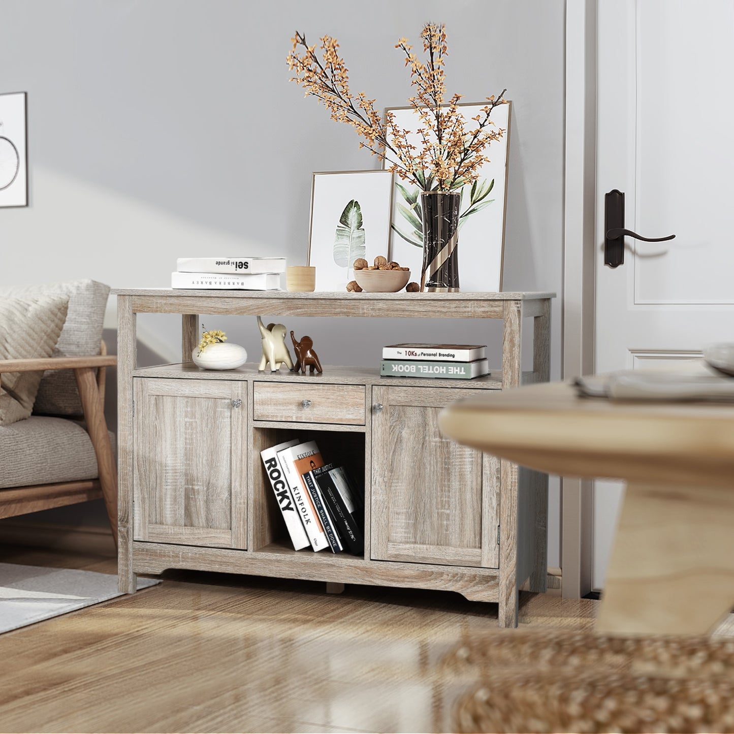 Modern Buffet Sideboard with Wine Rack Storage and Cabinets for Dining Room or Kitchen Console - Grey