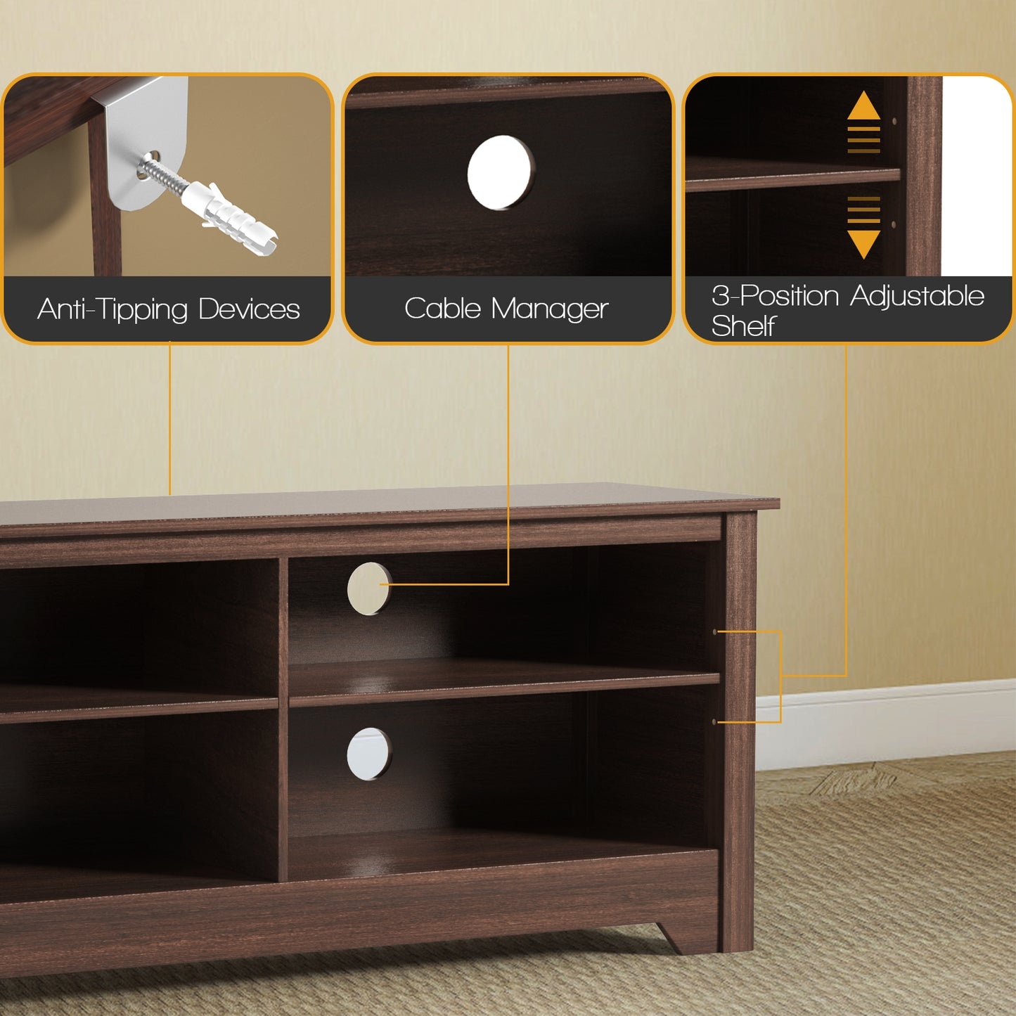 Wooden TV Stand with Adjustable Shelves for TVs up to 60 Inches