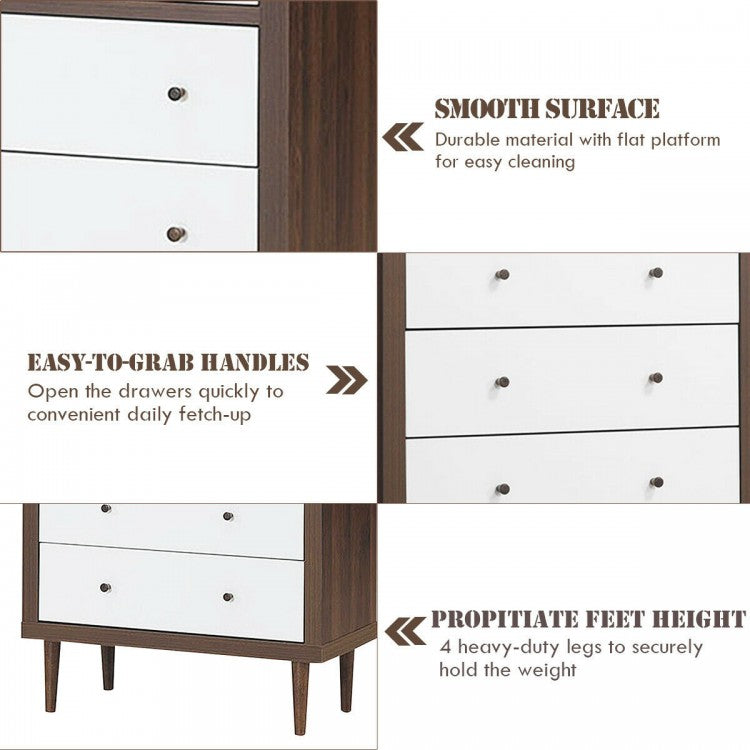 Freestanding 5 Drawer Tall Dresser Cabinet with Modern Walnut Accents