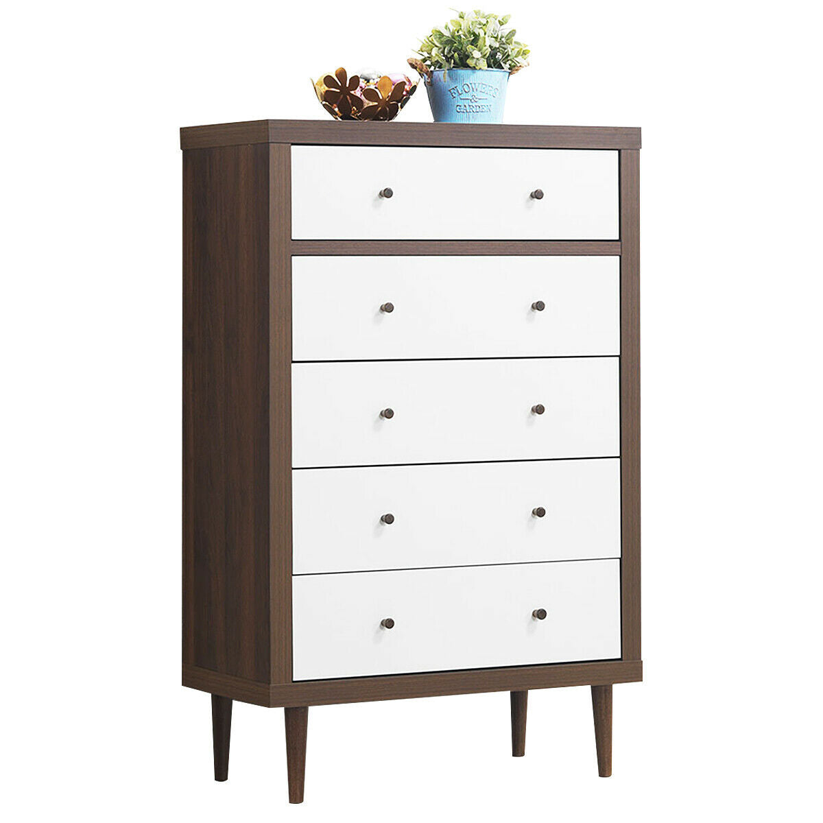 Freestanding 5 Drawer Tall Dresser Cabinet with Modern Walnut Accents