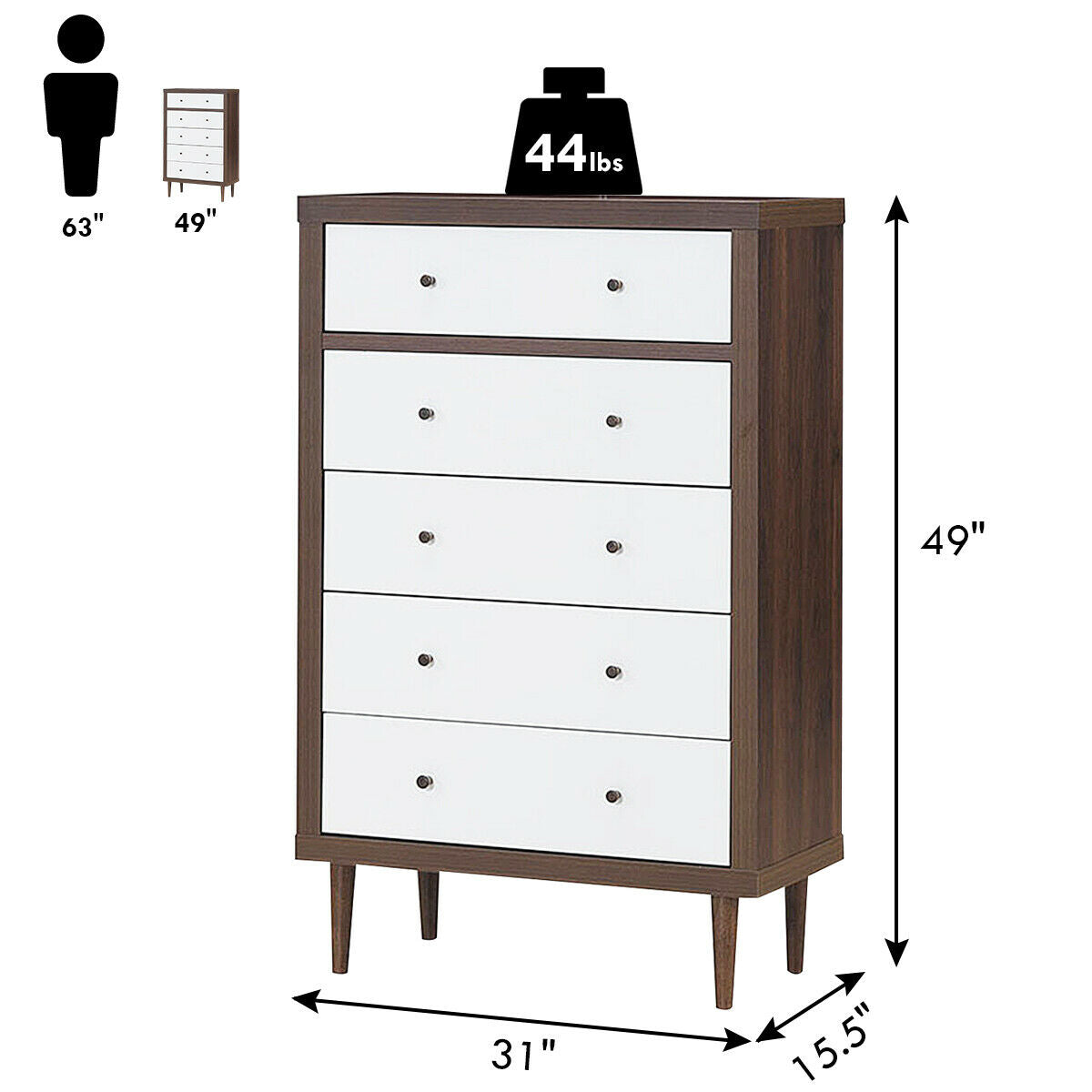 Freestanding 5 Drawer Tall Dresser Cabinet with Modern Walnut Accents