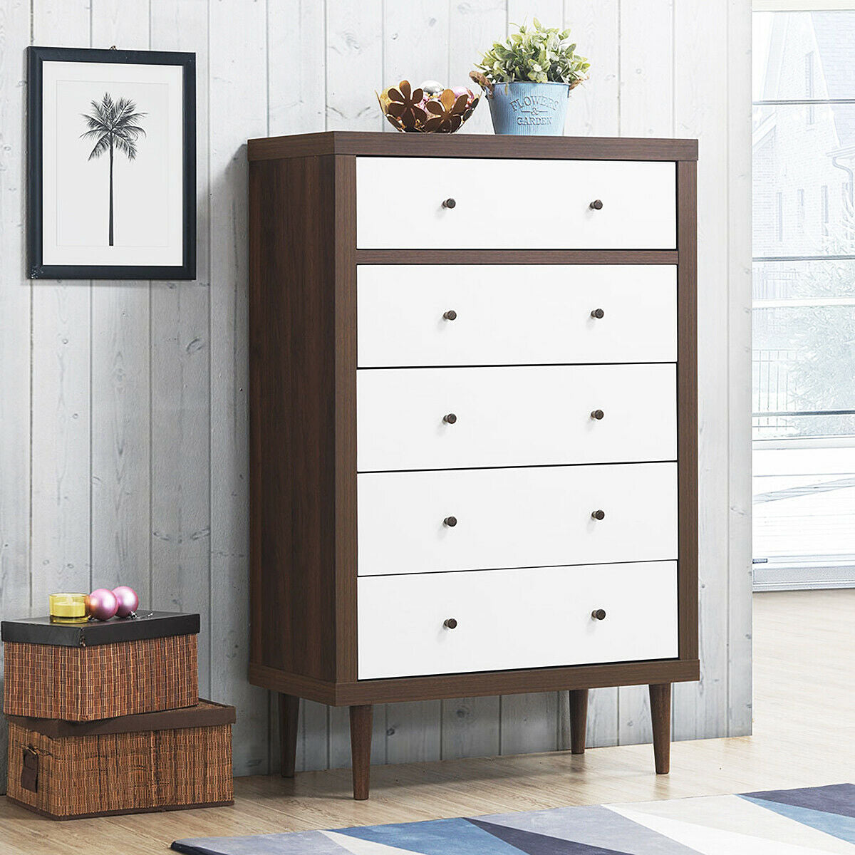 Freestanding 5 Drawer Tall Dresser Cabinet with Modern Walnut Accents
