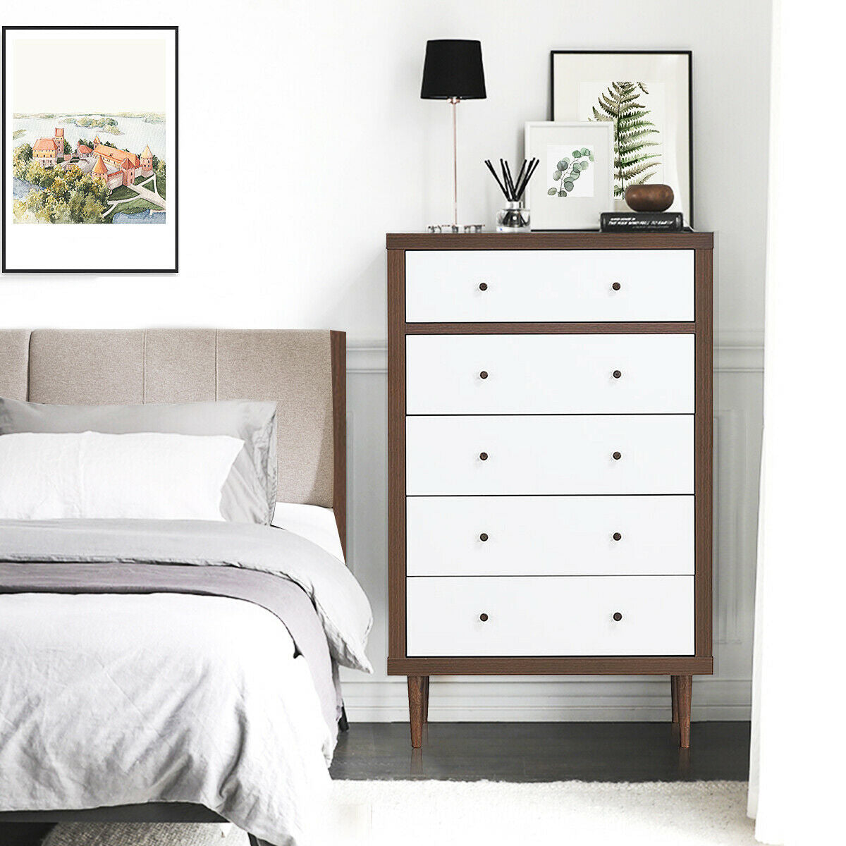 Freestanding 5 Drawer Tall Dresser Cabinet with Modern Walnut Accents