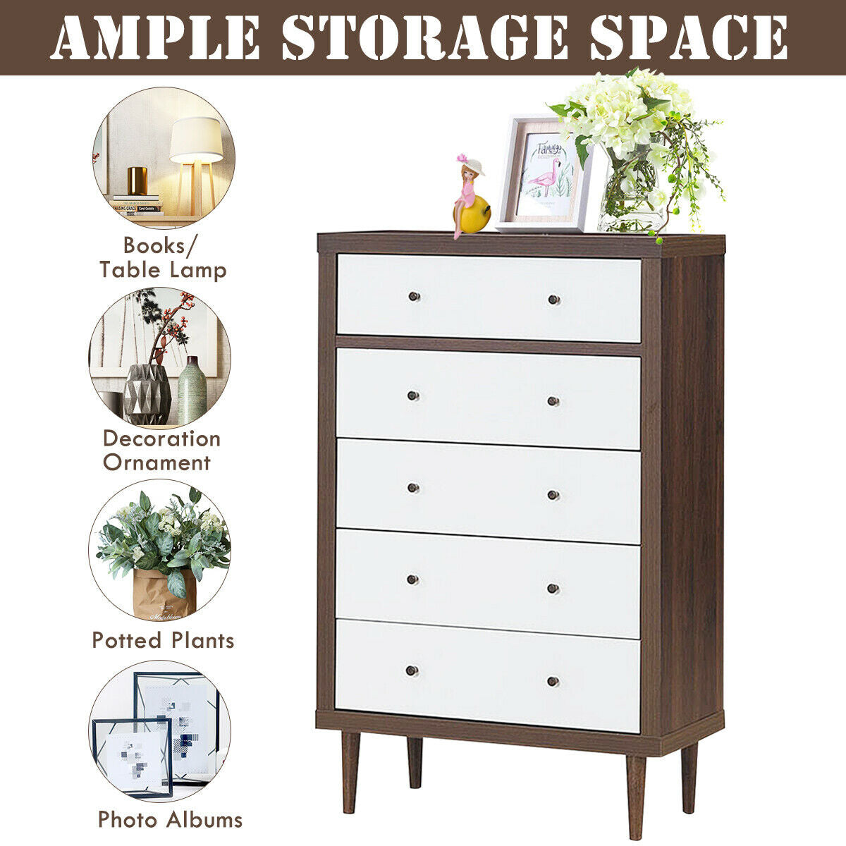 Freestanding 5 Drawer Tall Dresser Cabinet with Modern Walnut Accents