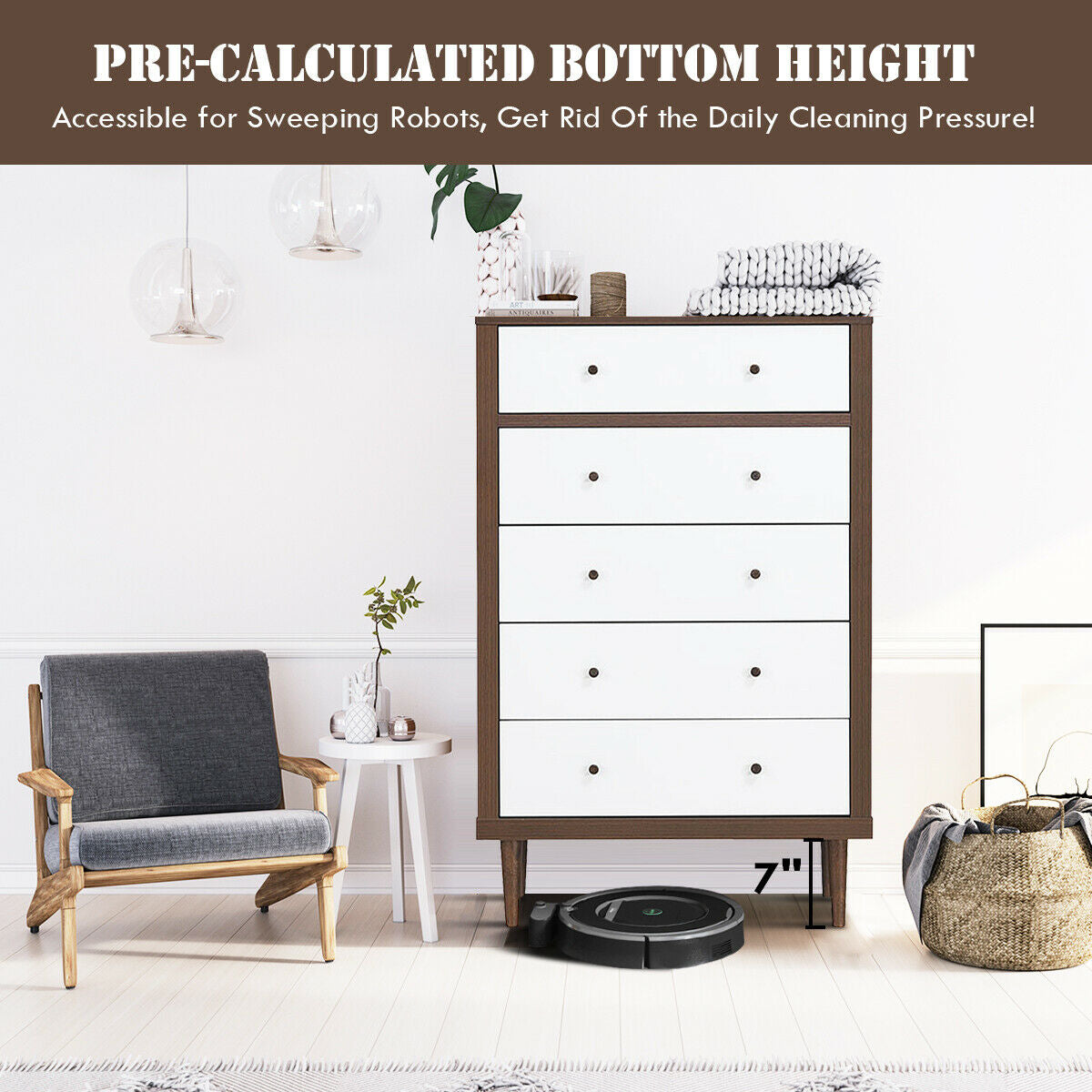 Freestanding 5 Drawer Tall Dresser Cabinet with Modern Walnut Accents