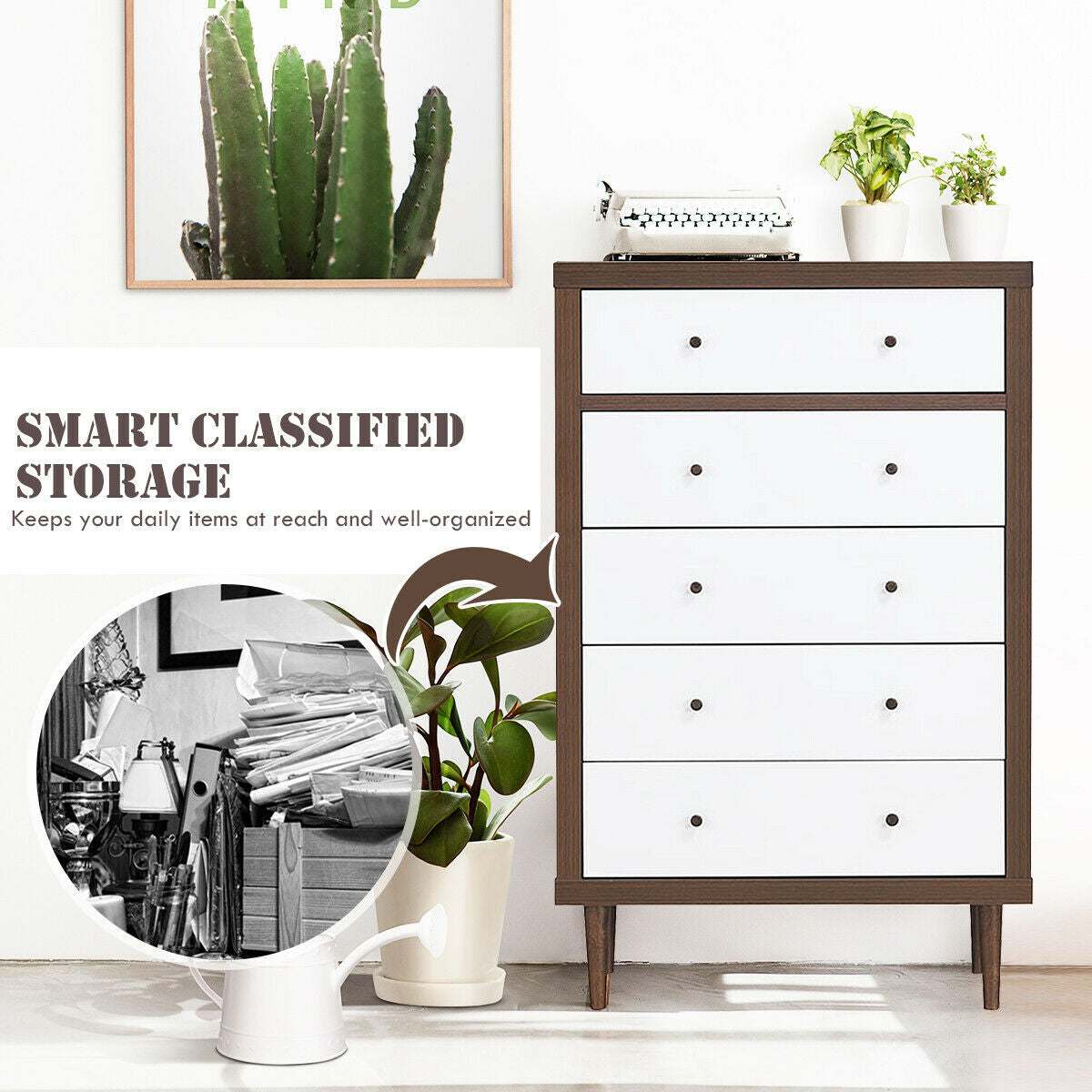 Freestanding 5 Drawer Tall Dresser Cabinet with Modern Walnut Accents