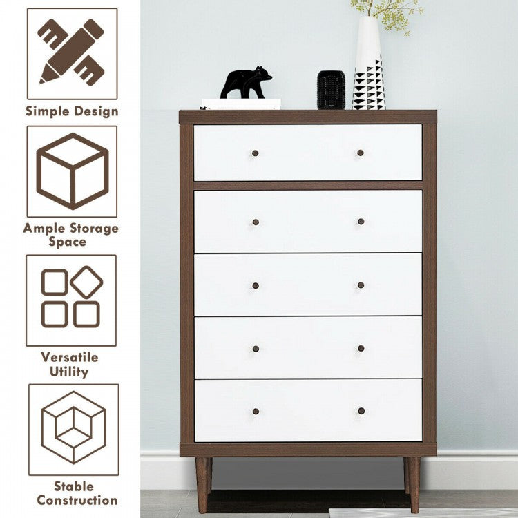 Freestanding 5 Drawer Tall Dresser Cabinet with Modern Walnut Accents