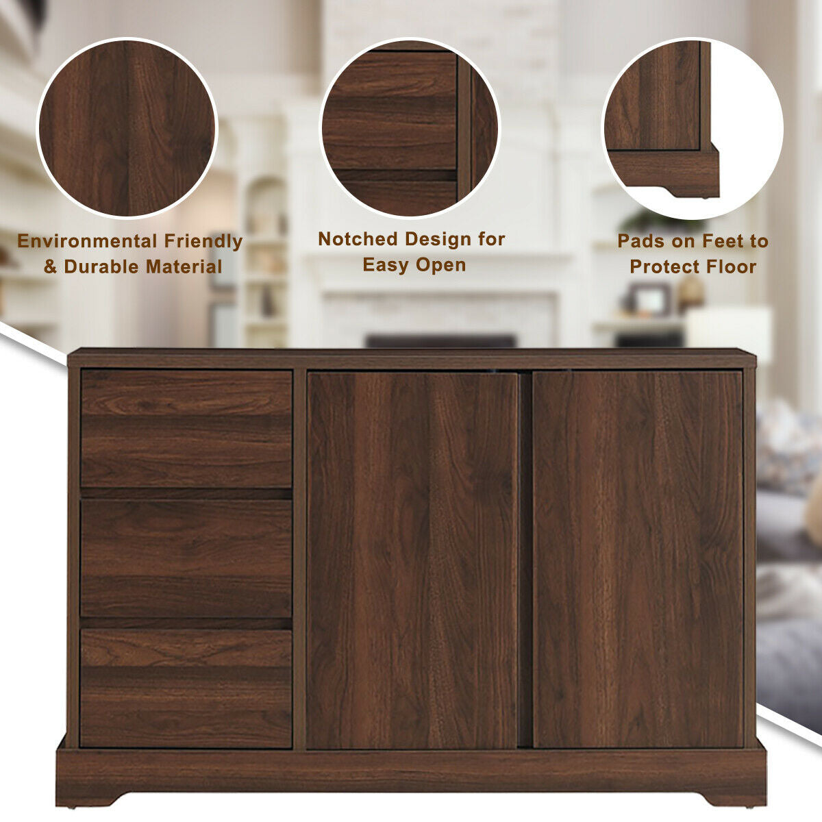 Mid Century Buffet Sideboard with Storage Cabinets and Three Drawers for Dining or Living Room