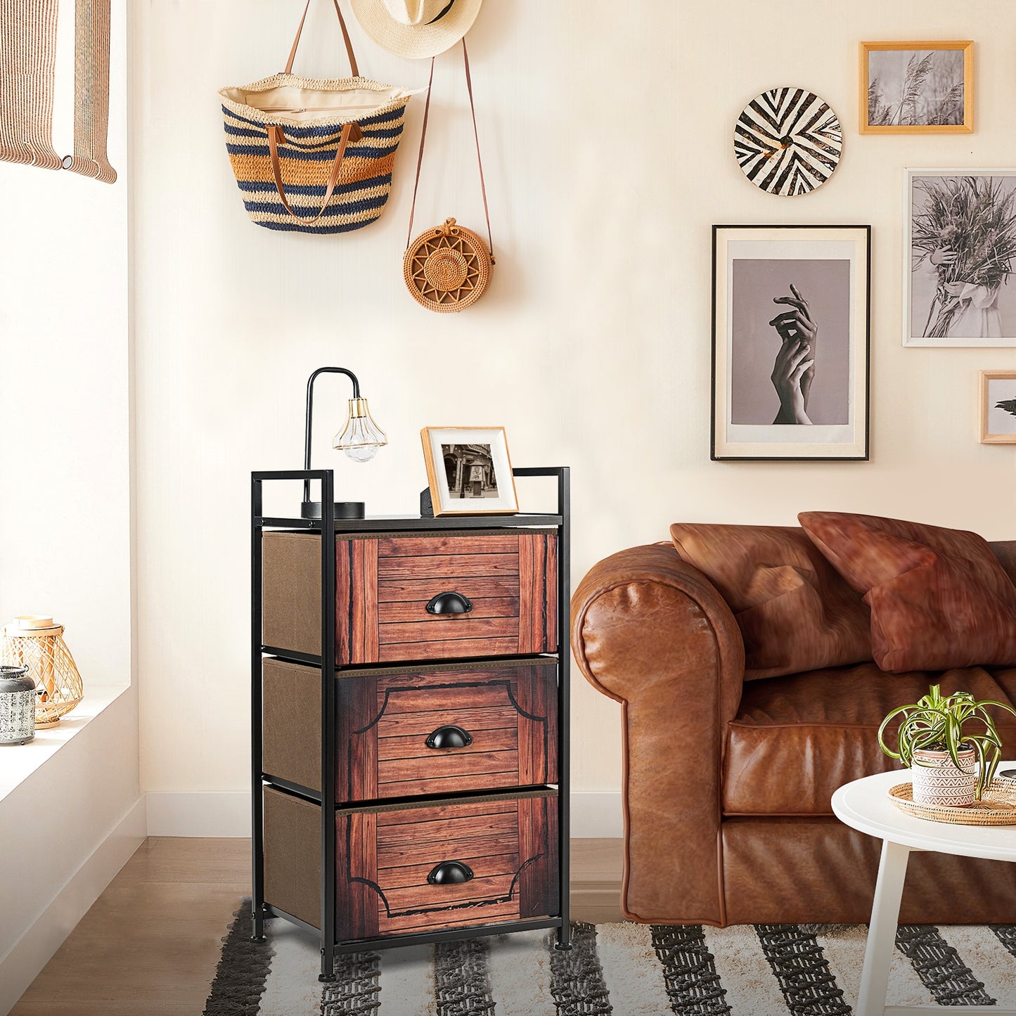 3-Drawer Fabric Dresser with Steel Frame and Wood Top for Bedroom or Closet Storage