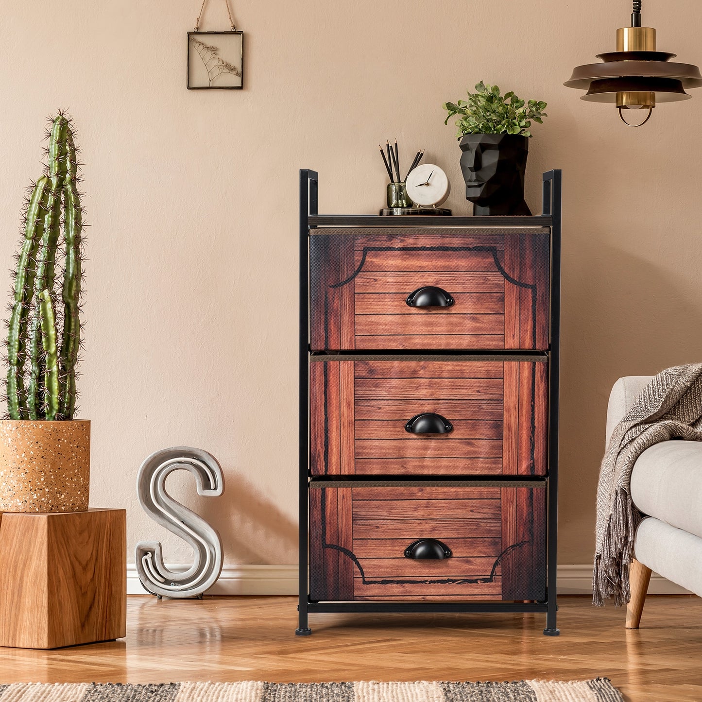 3-Drawer Fabric Dresser with Steel Frame and Wood Top for Bedroom or Closet Storage