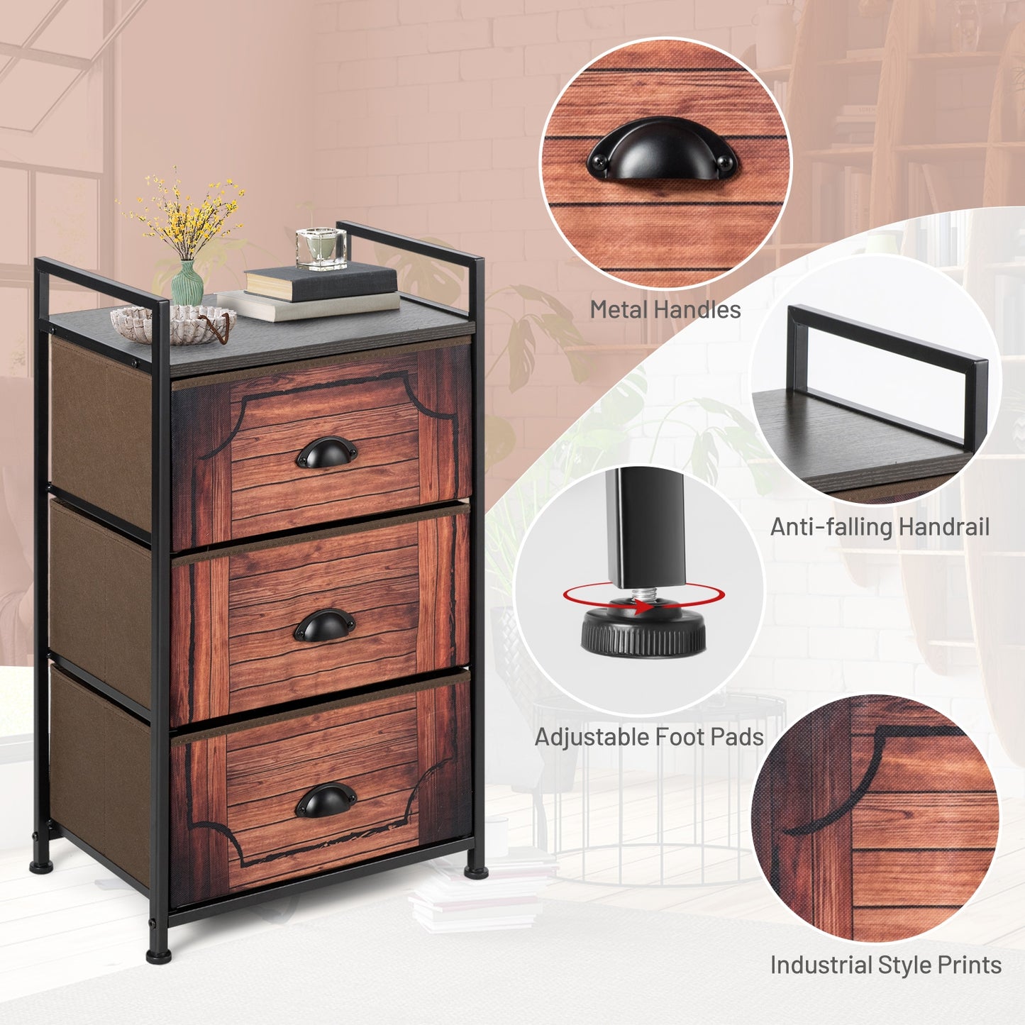 3-Drawer Fabric Dresser with Steel Frame and Wood Top for Bedroom or Closet Storage