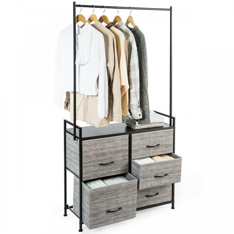Modern 5-Drawer Fabric Dresser with Wood Top and Metal Frame – Closet Organizer with Hanging Rod