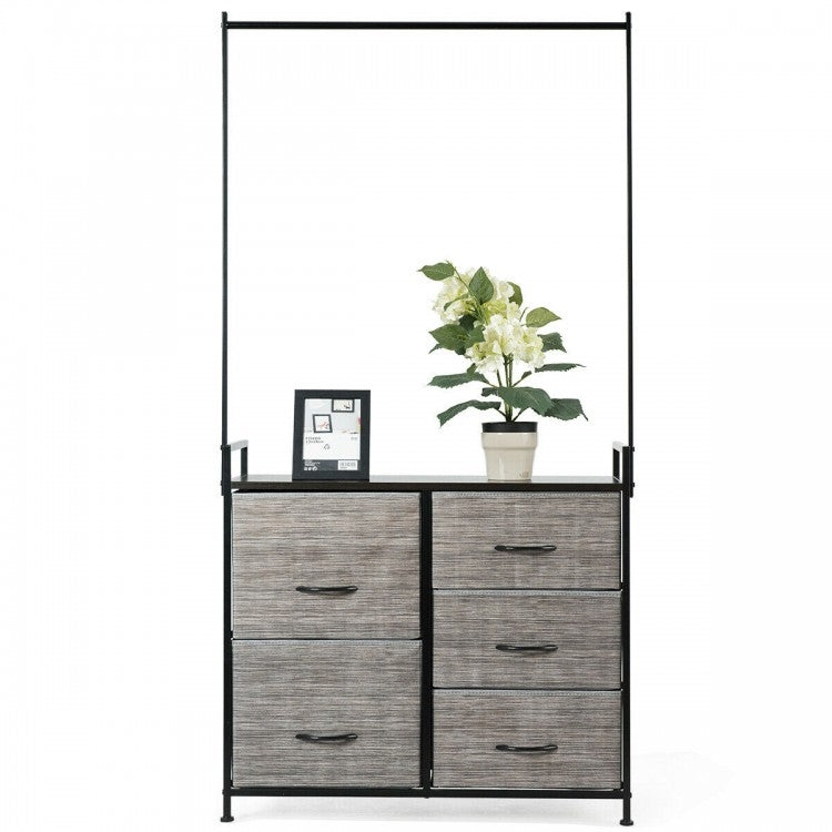 Modern 5-Drawer Fabric Dresser with Wood Top and Metal Frame – Closet Organizer with Hanging Rod
