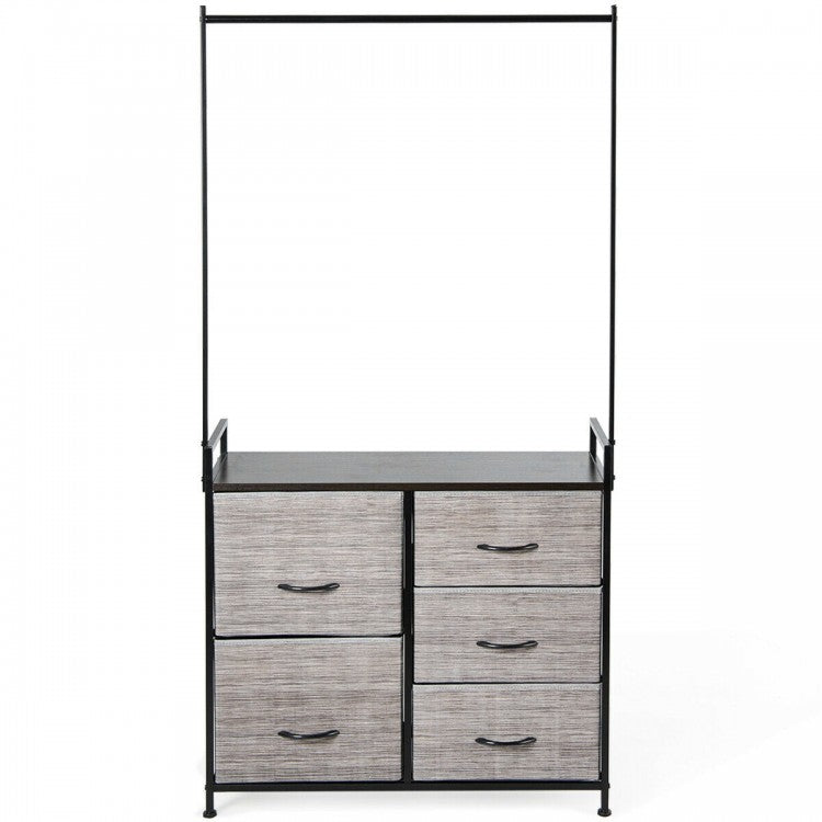 Modern 5-Drawer Fabric Dresser with Wood Top and Metal Frame – Closet Organizer with Hanging Rod