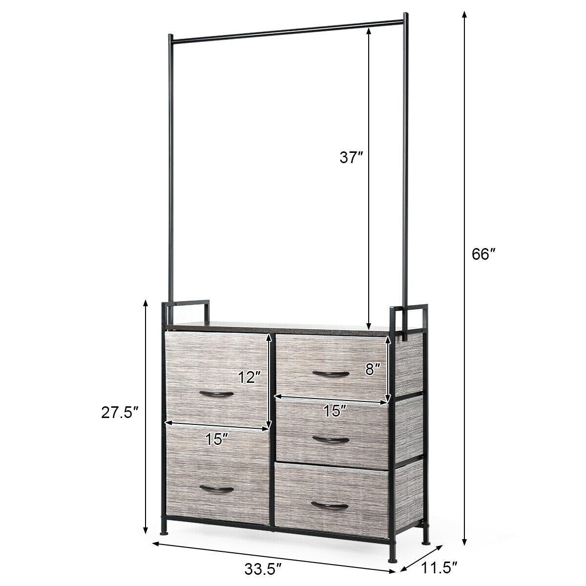 Modern 5-Drawer Fabric Dresser with Wood Top and Metal Frame – Closet Organizer with Hanging Rod