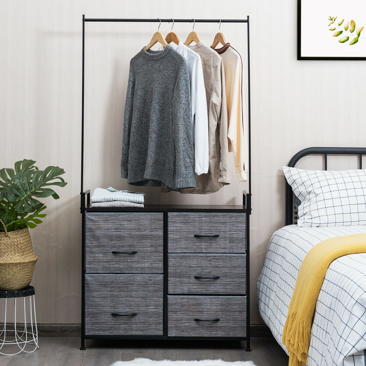 Modern 5-Drawer Fabric Dresser with Wood Top and Metal Frame – Closet Organizer with Hanging Rod