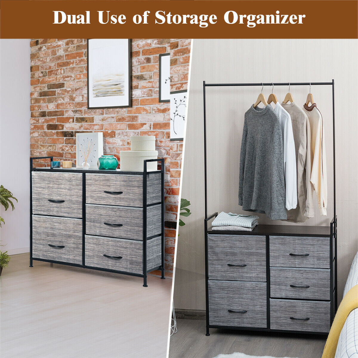 Modern 5-Drawer Fabric Dresser with Wood Top and Metal Frame – Closet Organizer with Hanging Rod