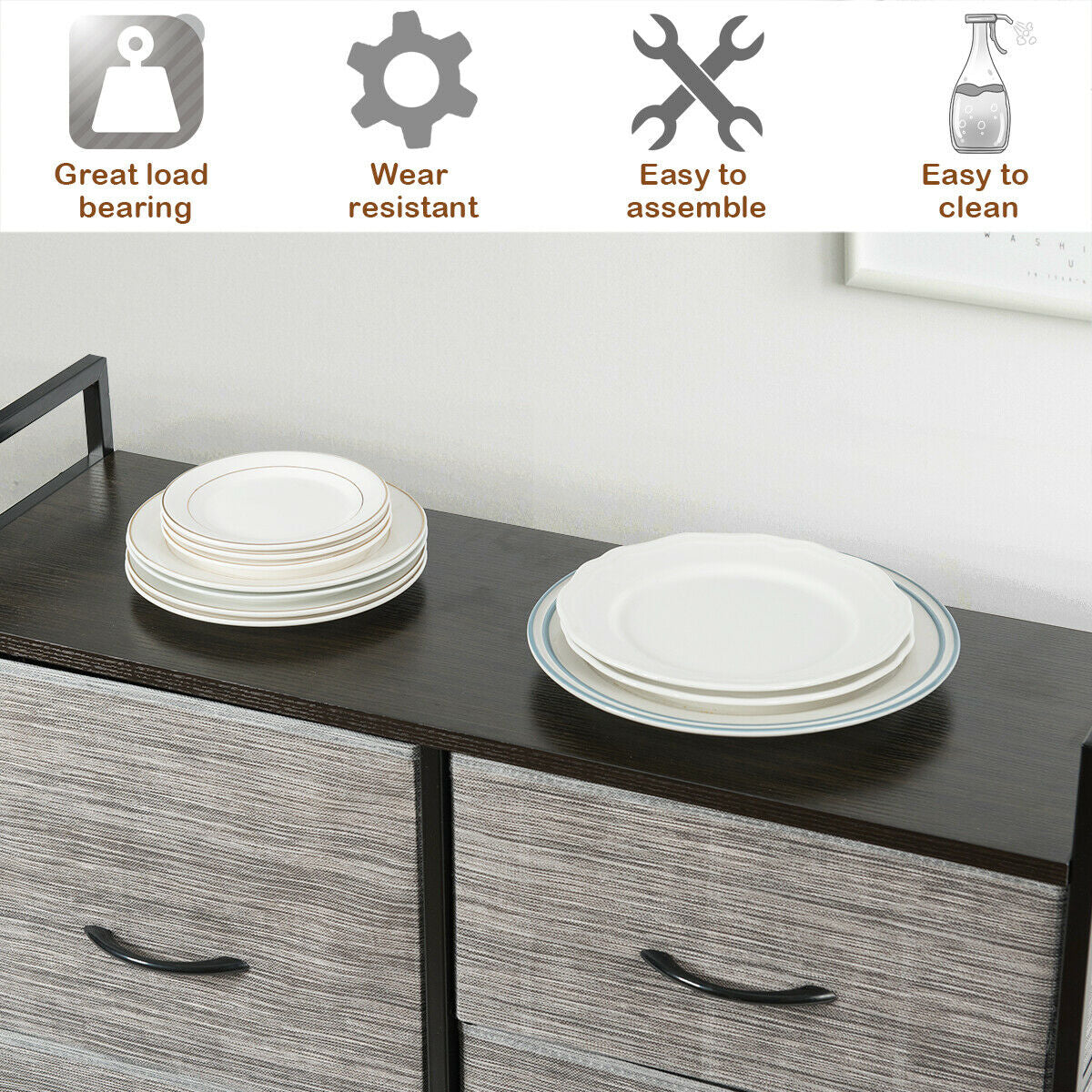 Modern 5-Drawer Fabric Dresser with Wood Top and Metal Frame – Closet Organizer with Hanging Rod