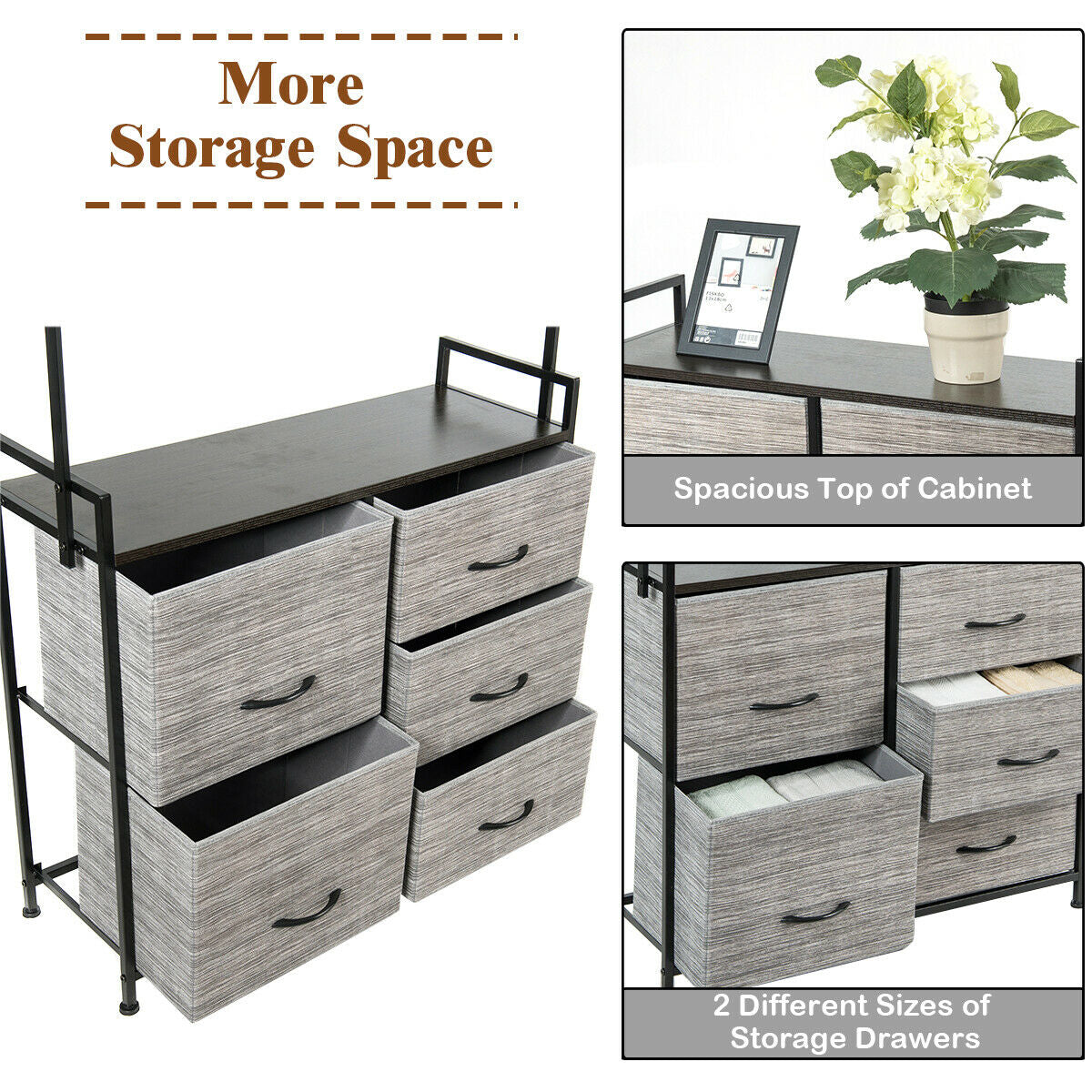 Modern 5-Drawer Fabric Dresser with Wood Top and Metal Frame – Closet Organizer with Hanging Rod