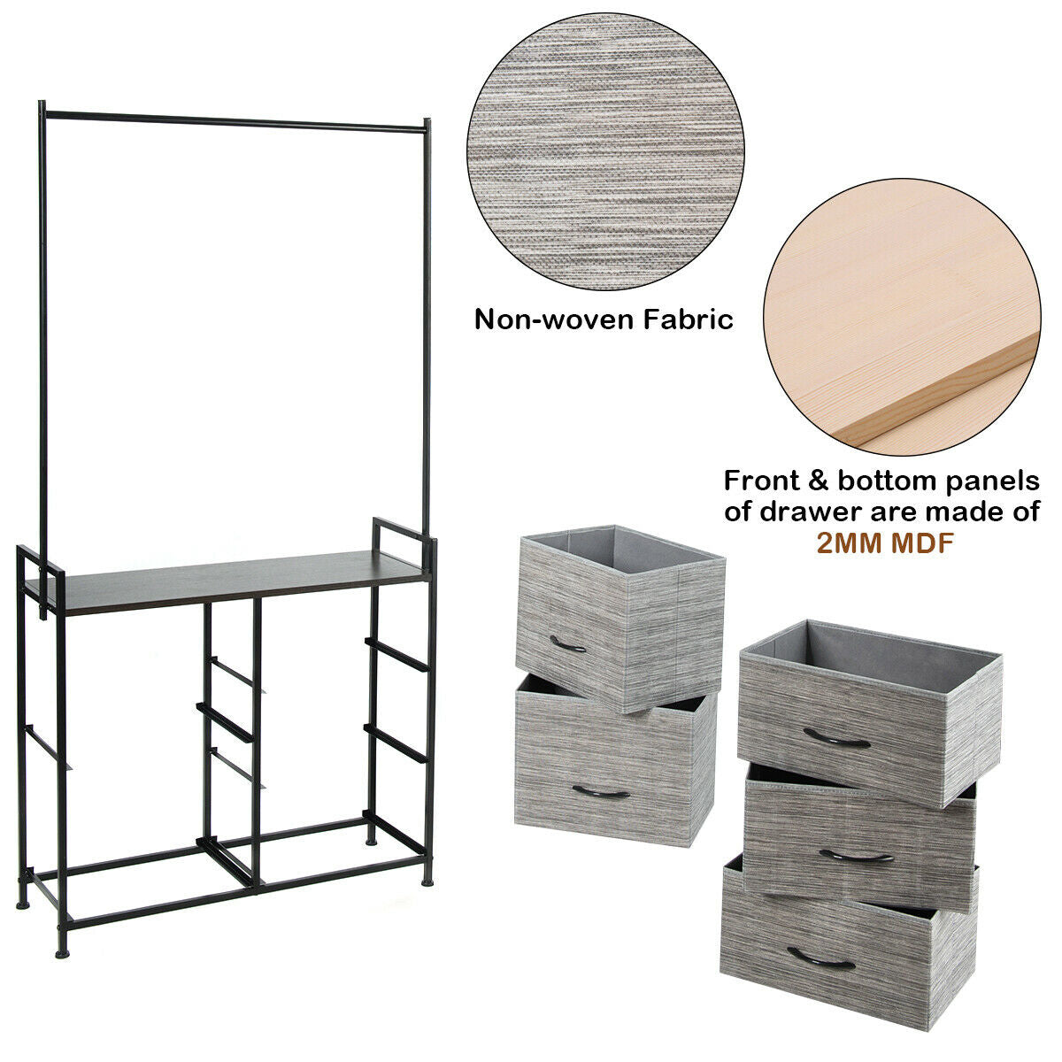 Modern 5-Drawer Fabric Dresser with Wood Top and Metal Frame – Closet Organizer with Hanging Rod