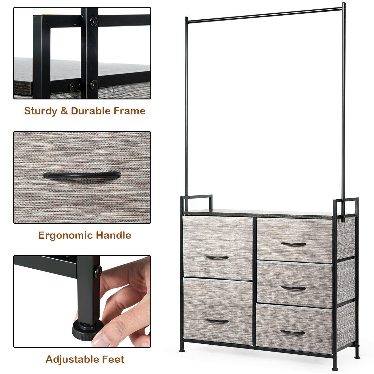 Modern 5-Drawer Fabric Dresser with Wood Top and Metal Frame – Closet Organizer with Hanging Rod