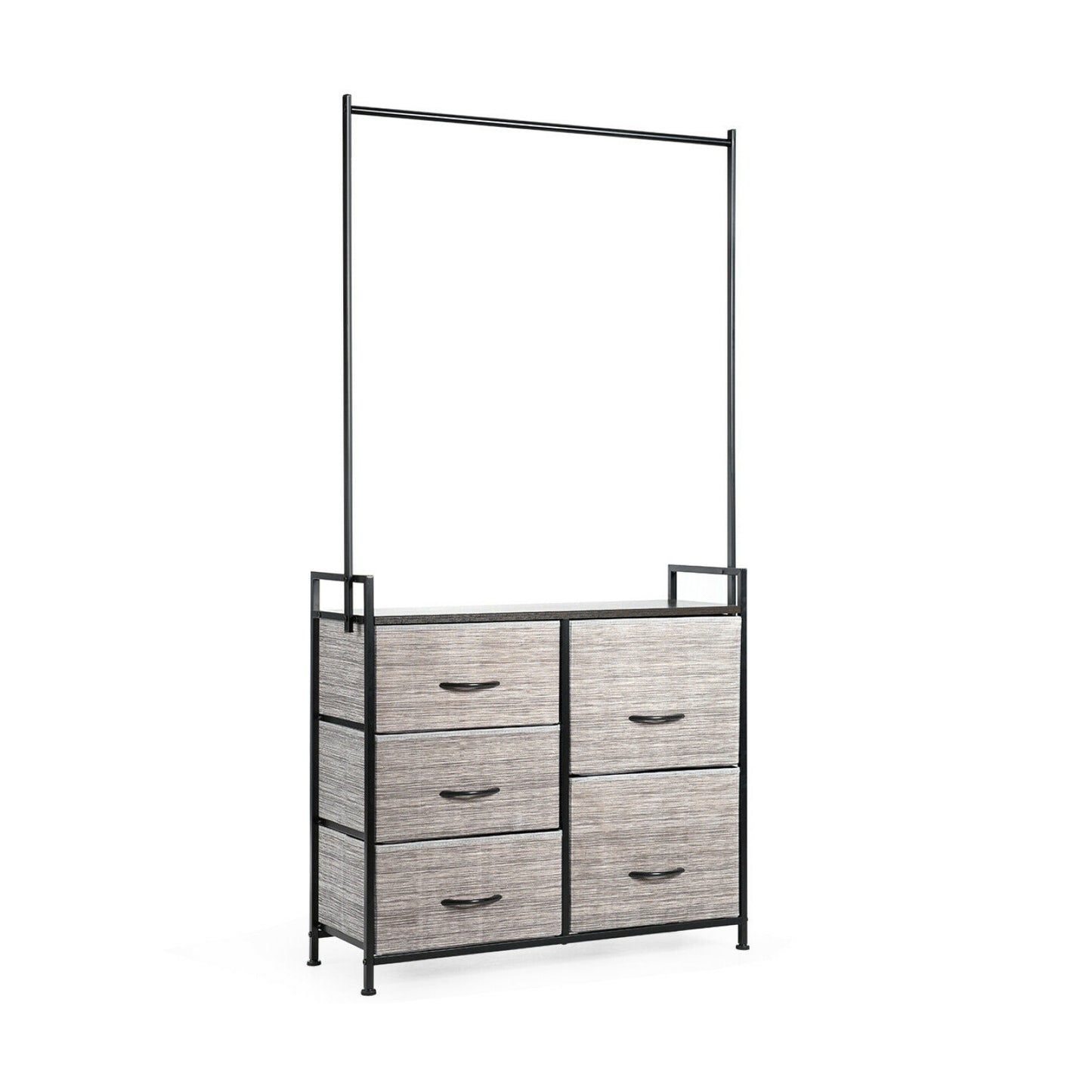 Modern 5-Drawer Fabric Dresser with Wood Top and Metal Frame – Closet Organizer with Hanging Rod