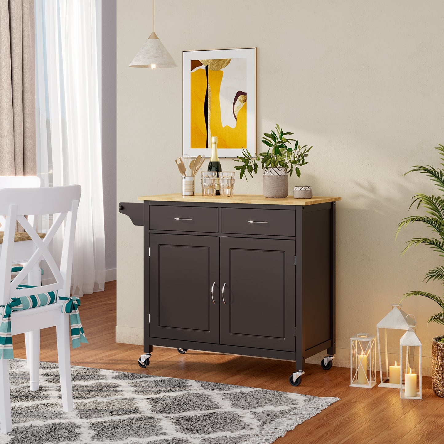 Rolling Kitchen Cart Island with Wooden Top, Modern Design and Storage - Brown