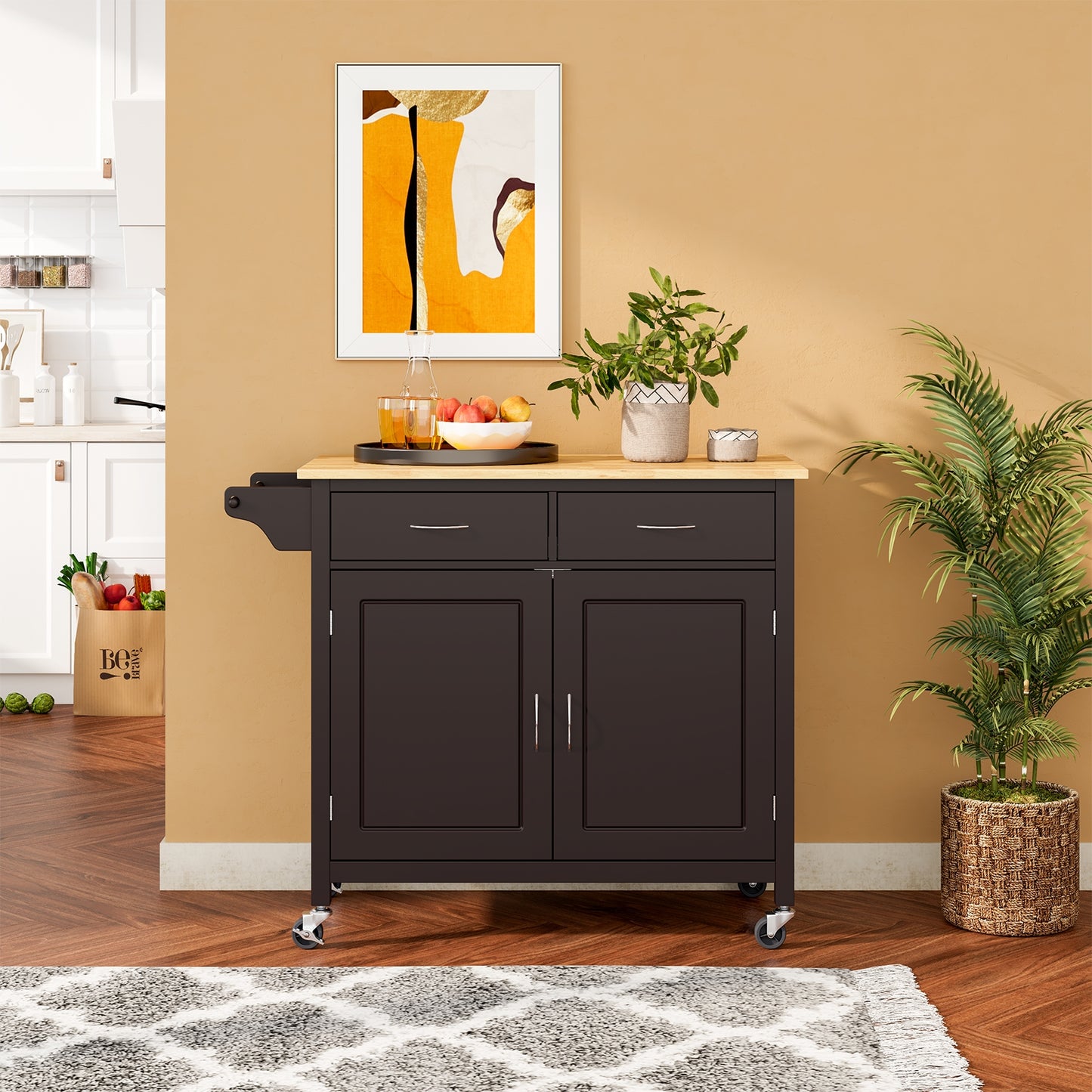 Rolling Kitchen Cart Island with Wooden Top, Modern Design and Storage - Brown