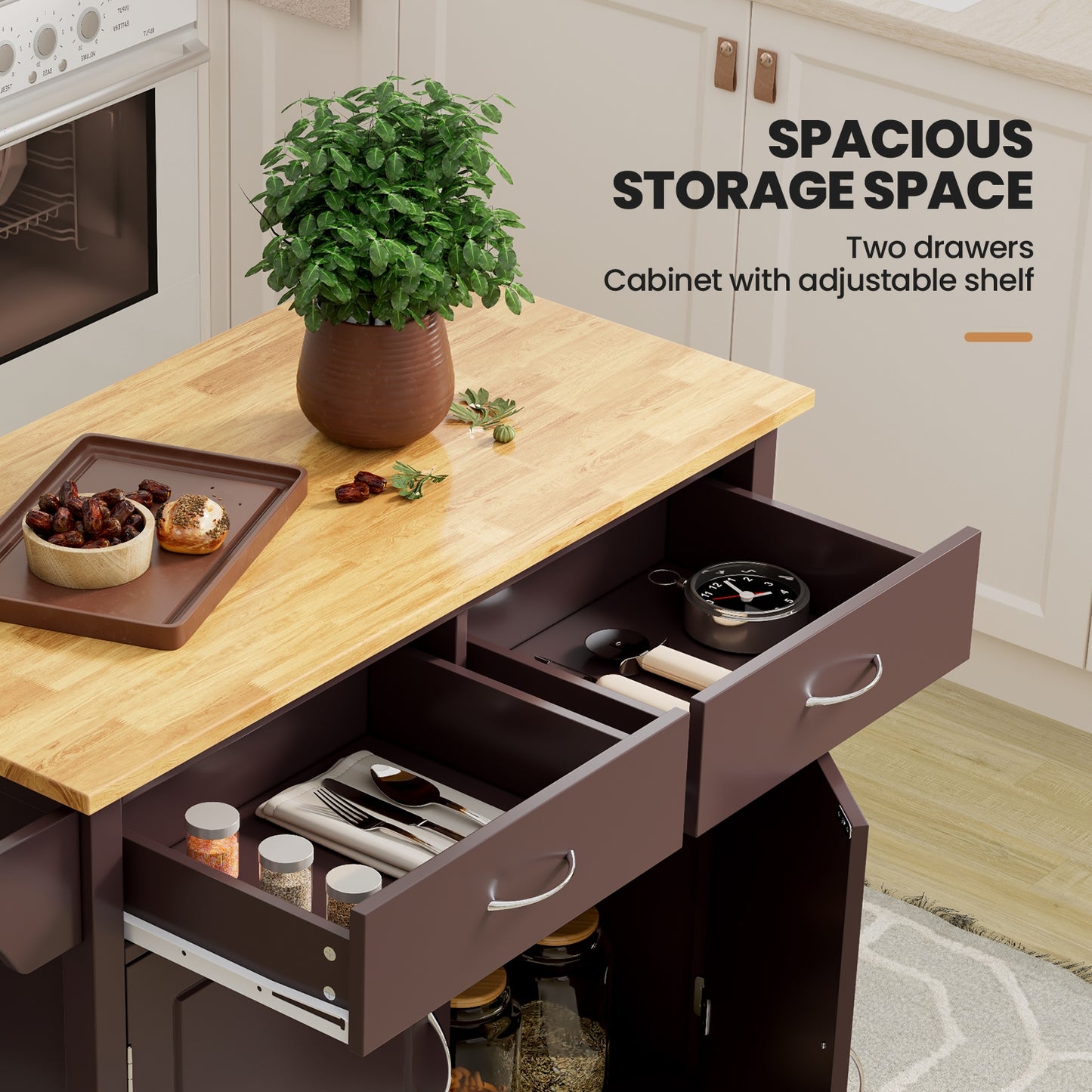 Rolling Kitchen Cart Island with Wooden Top, Modern Design and Storage - Brown