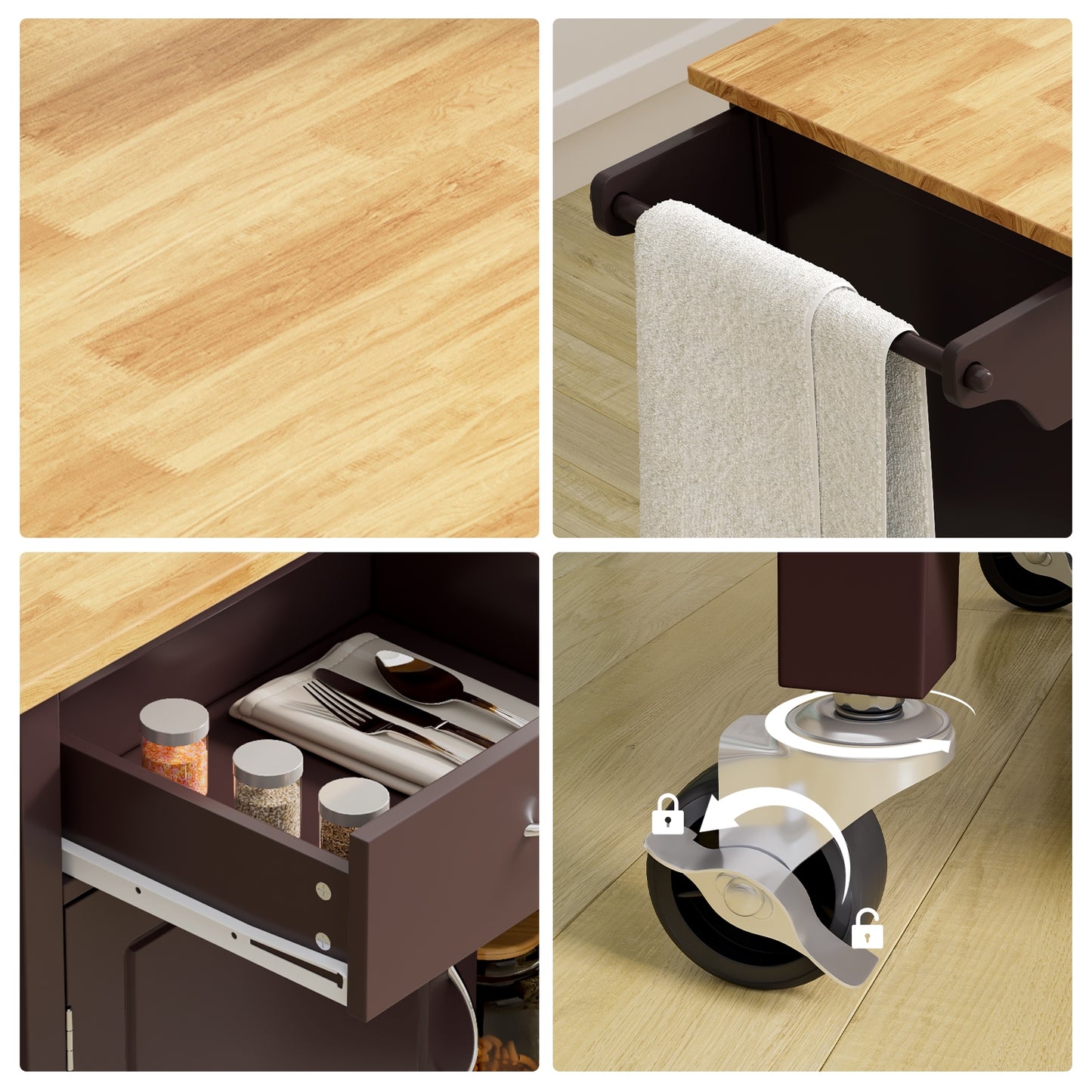 Rolling Kitchen Cart Island with Wooden Top, Modern Design and Storage - Brown