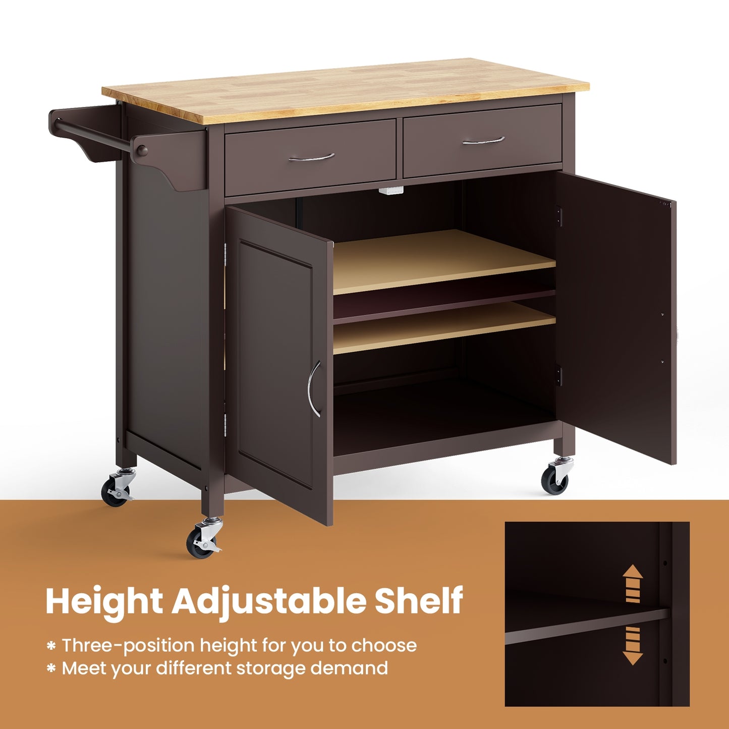 Rolling Kitchen Cart Island with Wooden Top, Modern Design and Storage - Brown