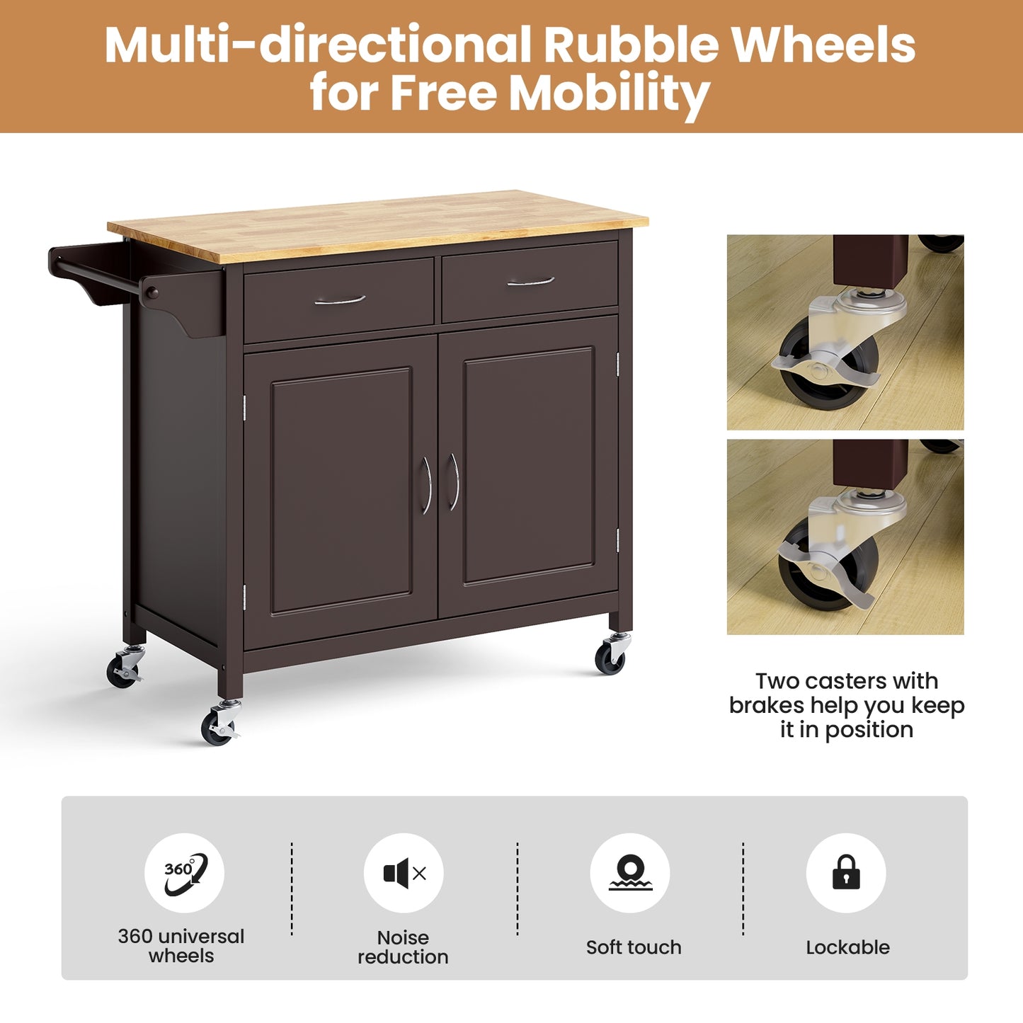Rolling Kitchen Cart Island with Wooden Top, Modern Design and Storage - Brown