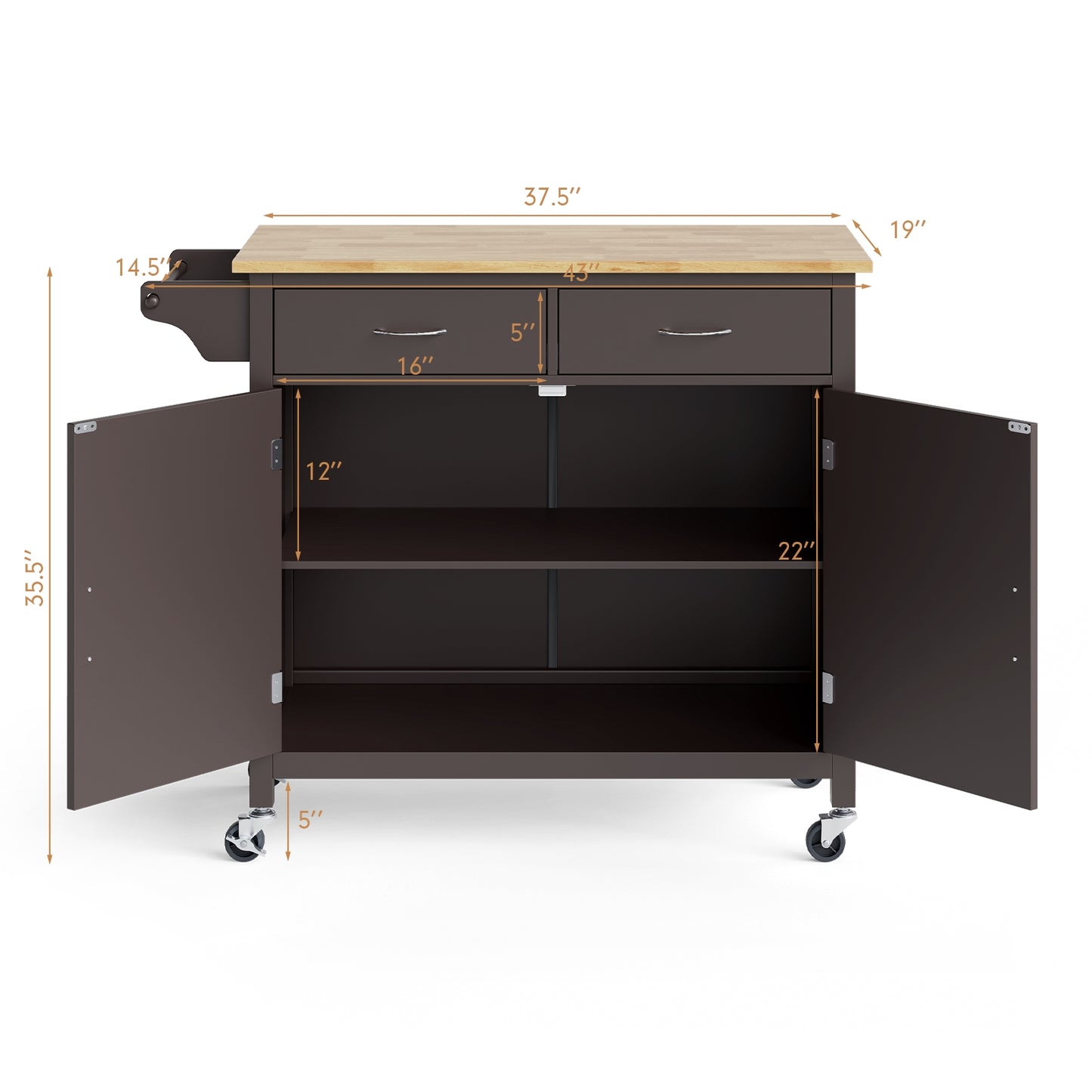 Rolling Kitchen Cart Island with Wooden Top, Modern Design and Storage - Brown