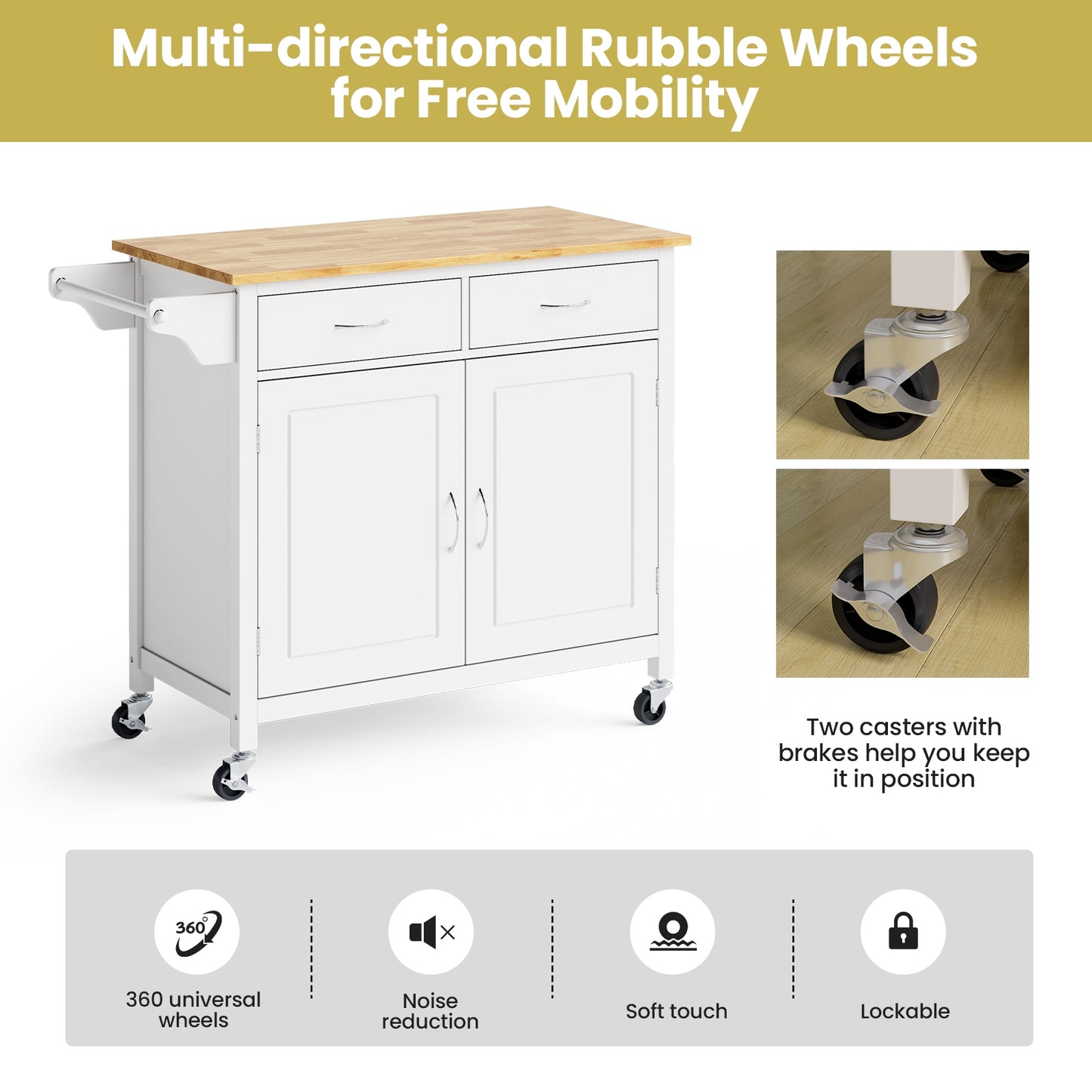 Rolling Kitchen Cart Island with Wooden Top, Modern Design and Storage - White
