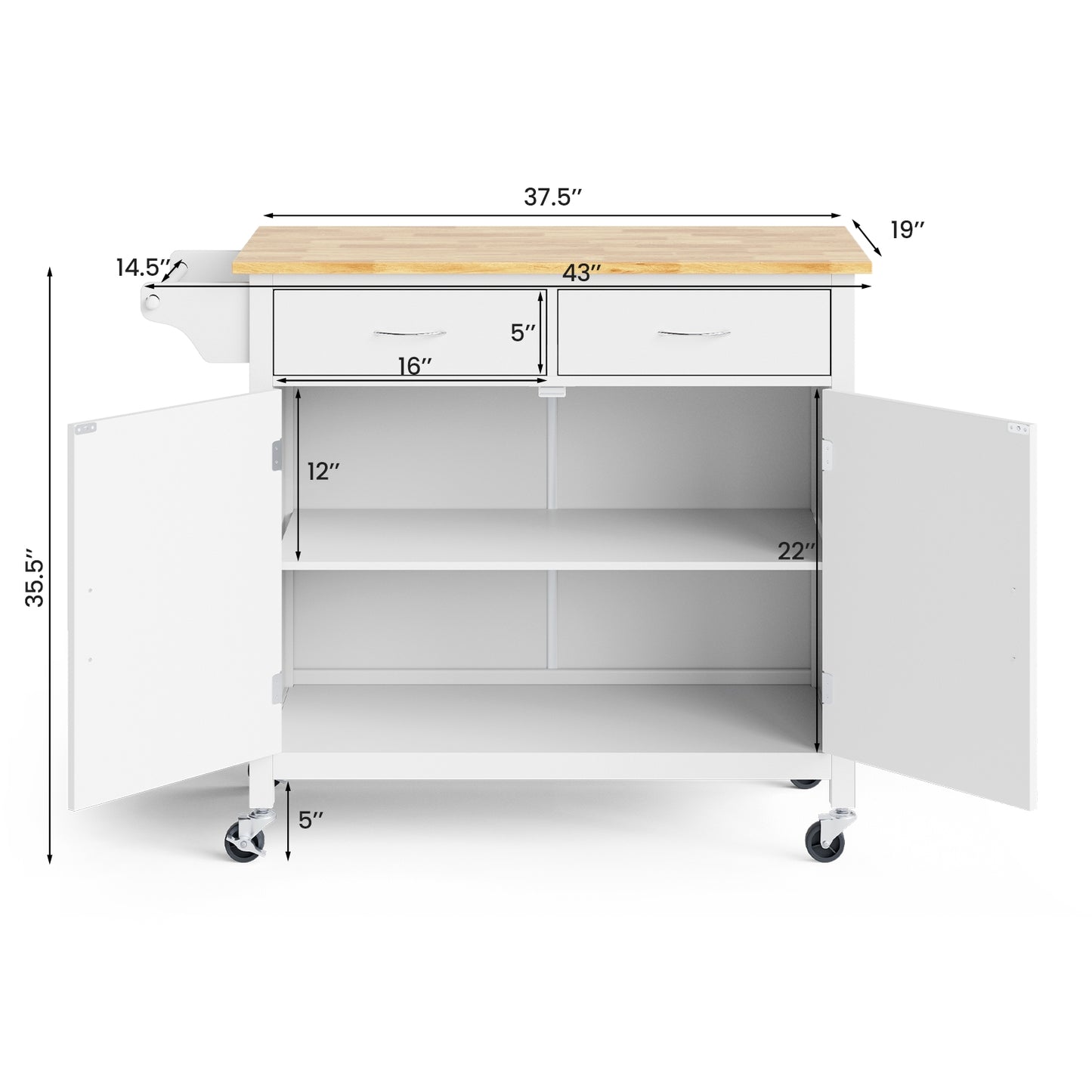 Rolling Kitchen Cart Island with Wooden Top, Modern Design and Storage - White