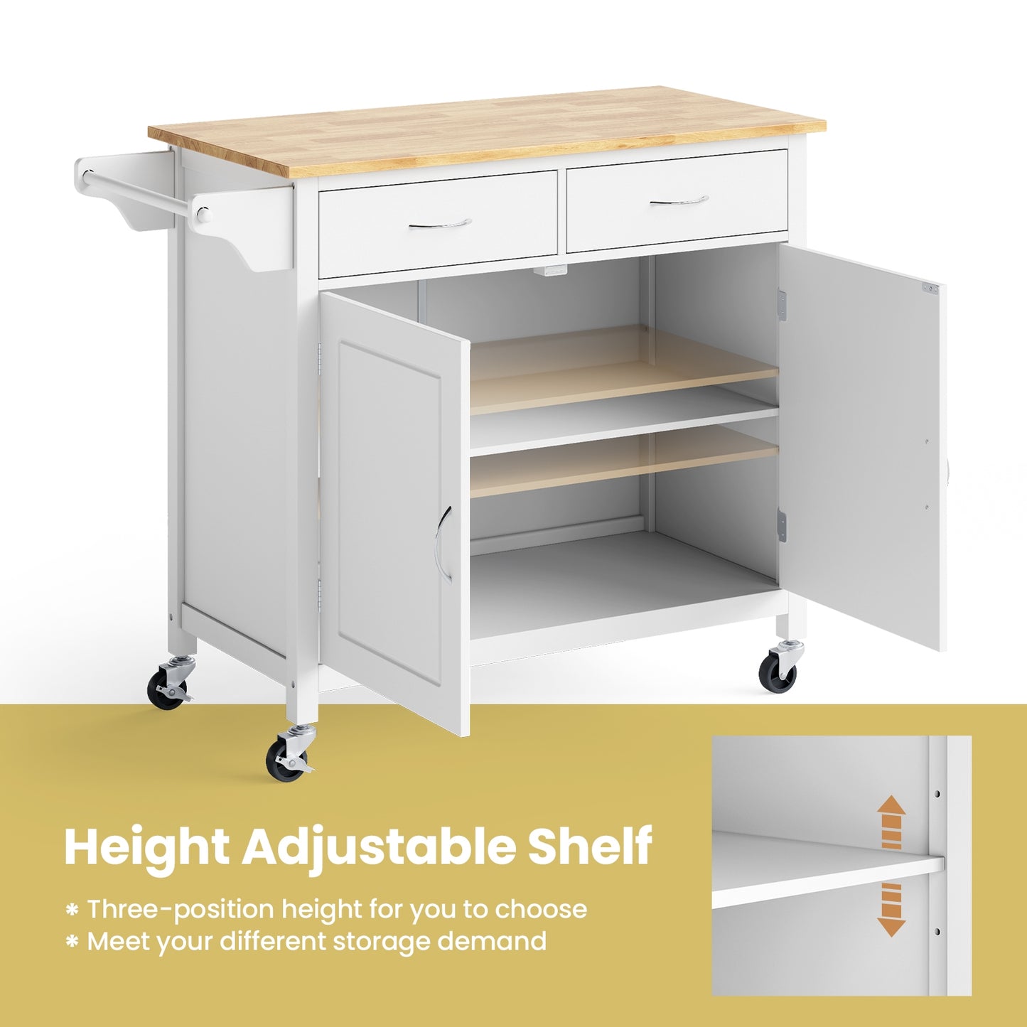 Rolling Kitchen Cart Island with Wooden Top, Modern Design and Storage - White