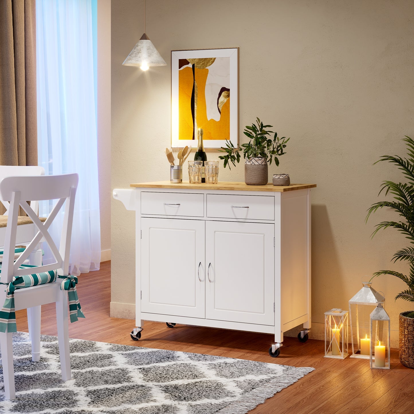 Rolling Kitchen Cart Island with Wooden Top, Modern Design and Storage - White