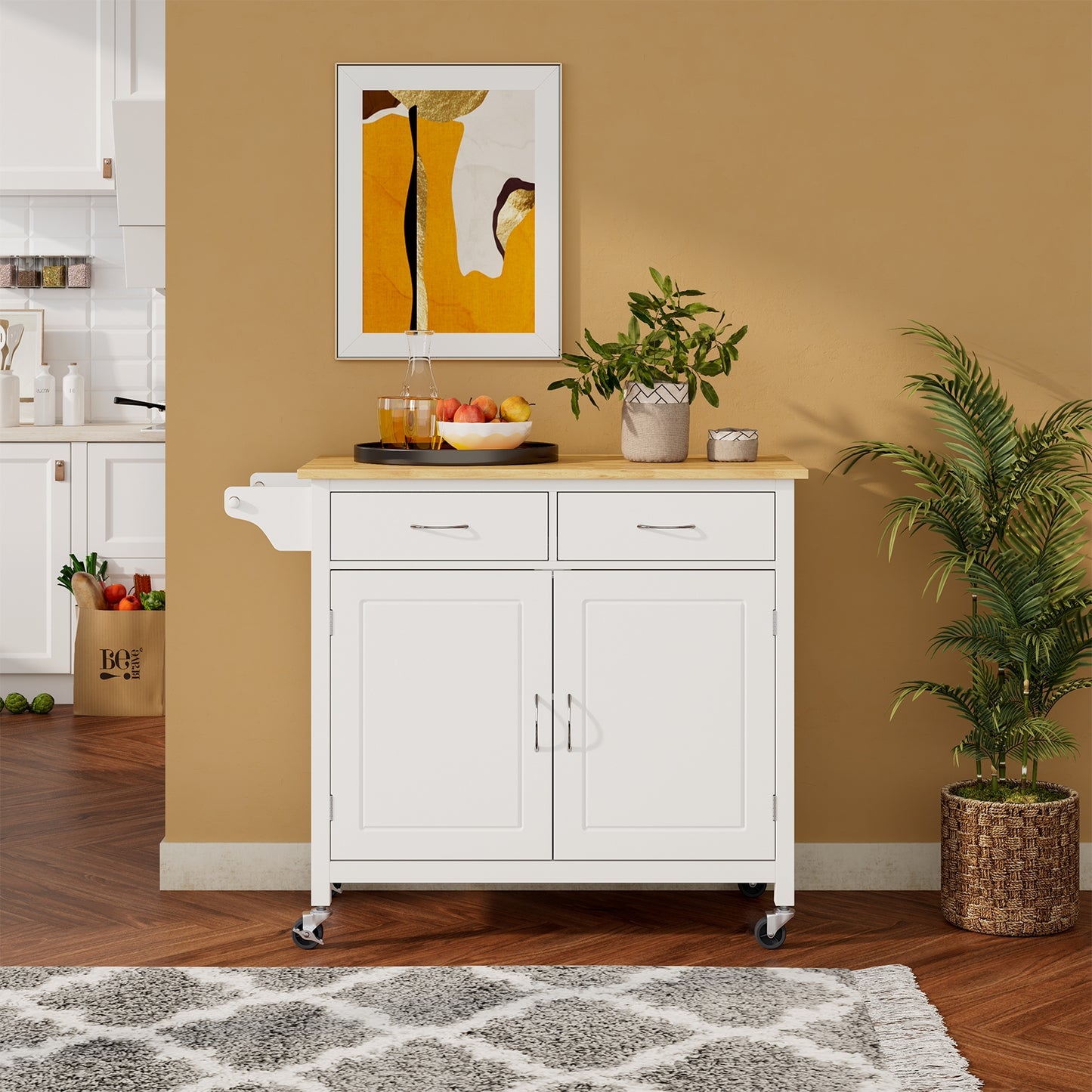 Rolling Kitchen Cart Island with Wooden Top, Modern Design and Storage - White
