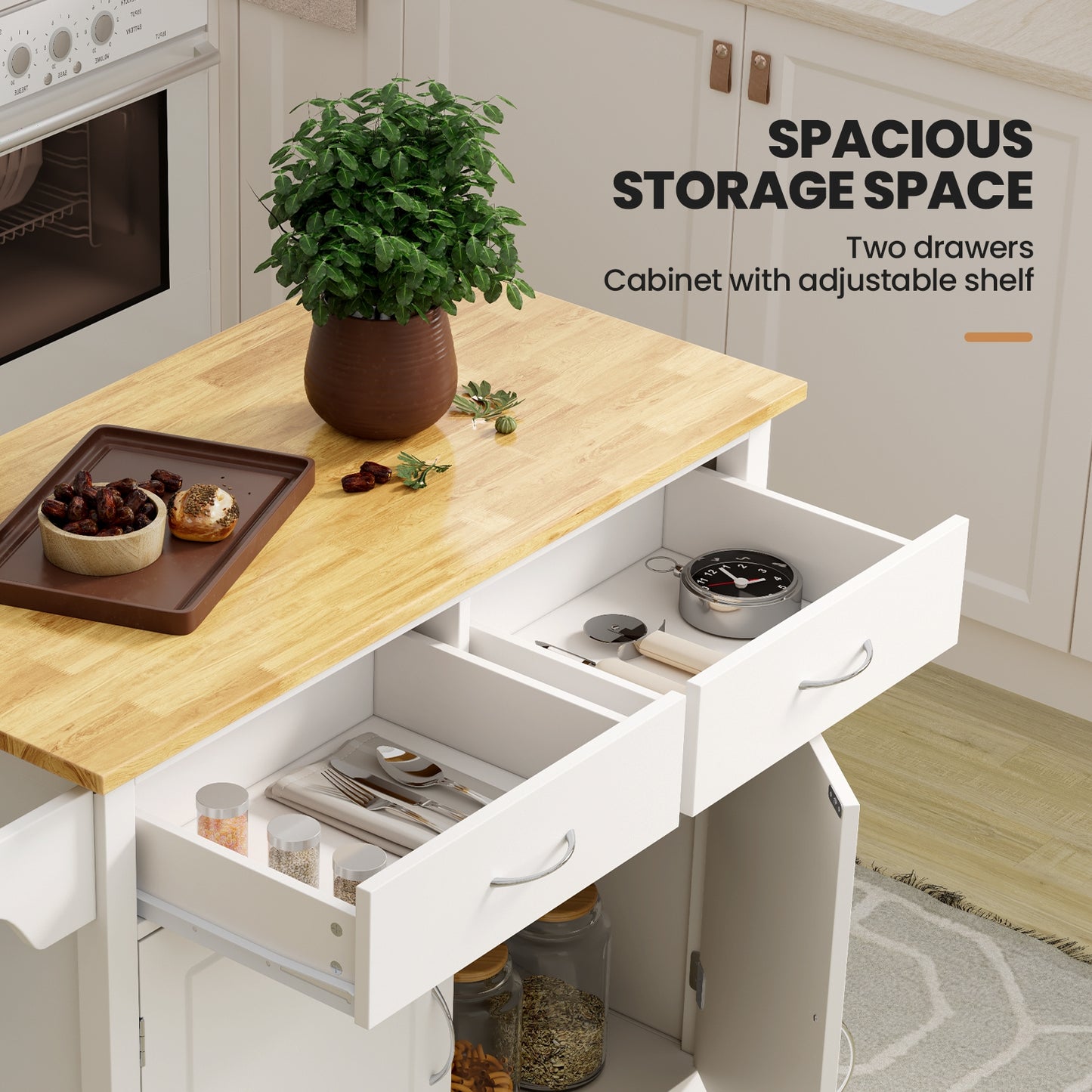 Rolling Kitchen Cart Island with Wooden Top, Modern Design and Storage - White