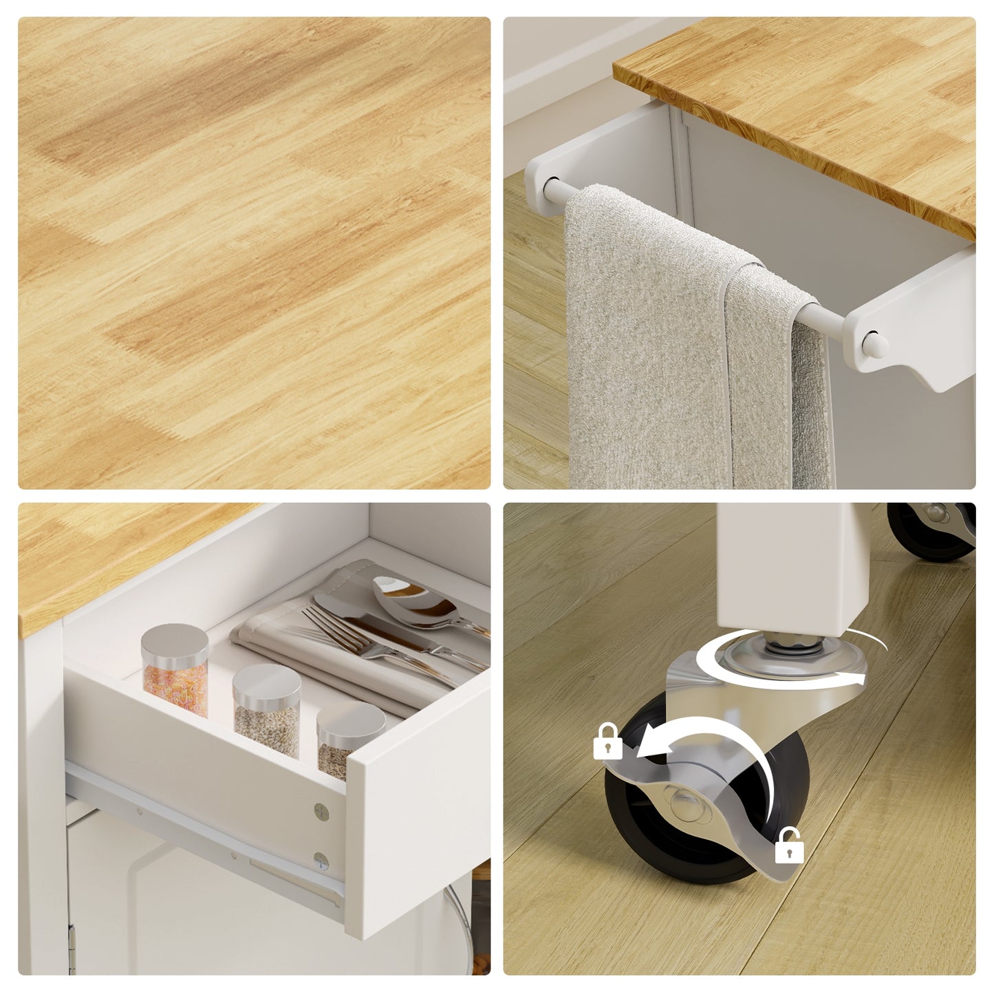Rolling Kitchen Cart Island with Wooden Top, Modern Design and Storage - White
