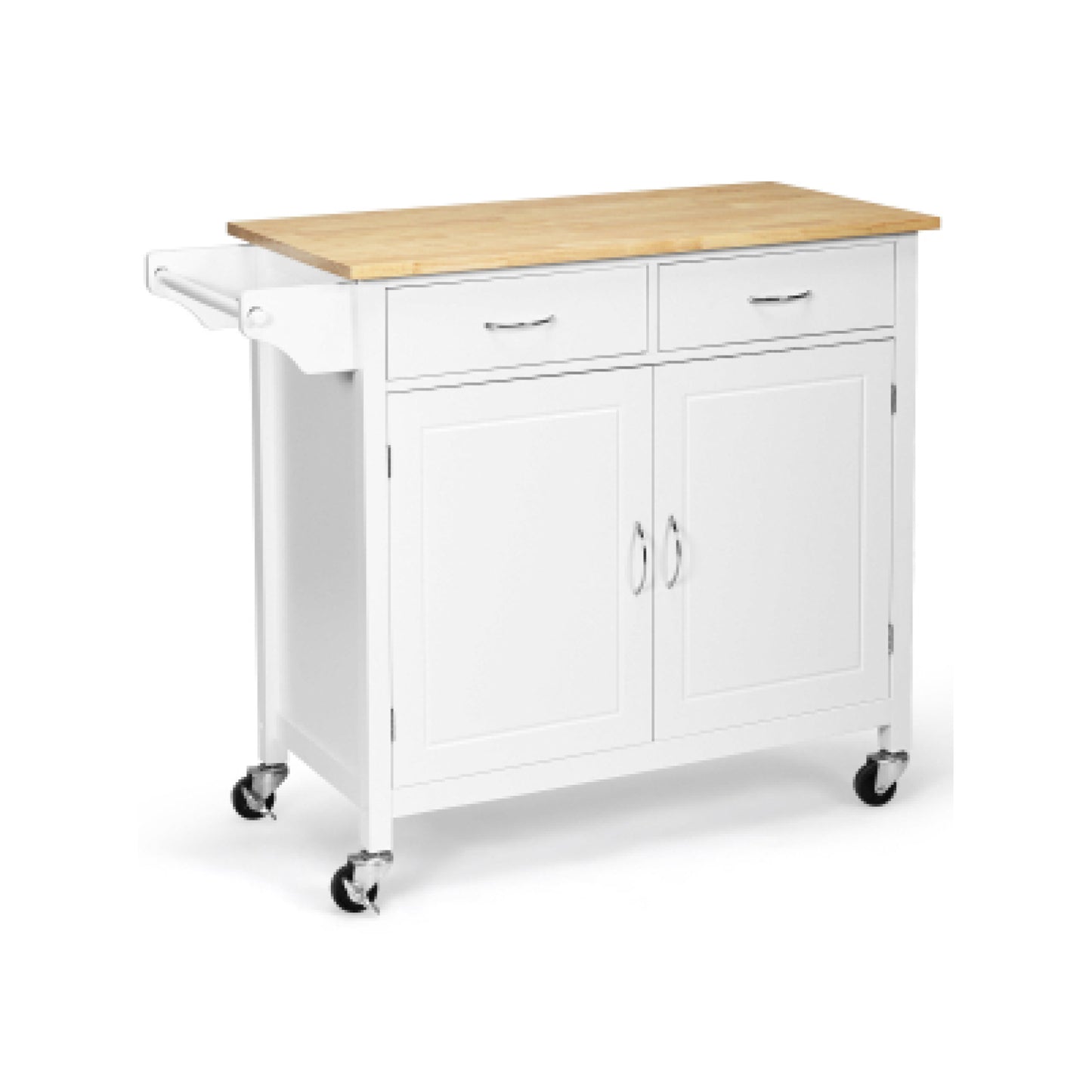 Rolling Kitchen Cart Island with Wooden Top, Modern Design and Storage - White