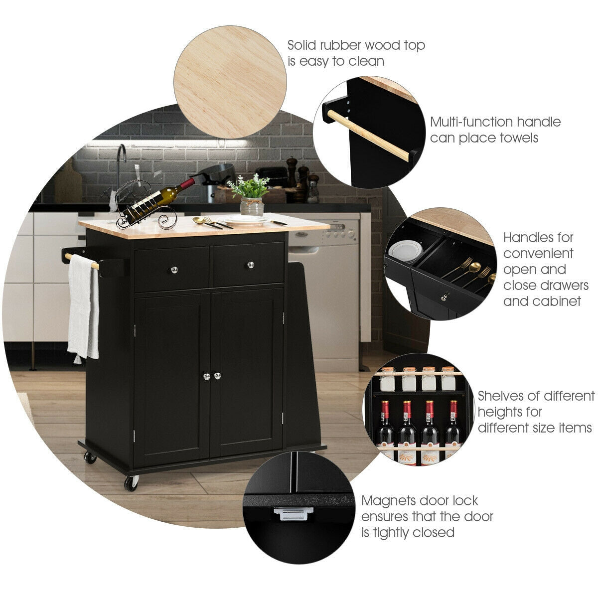 Rolling Kitchen Island Cart with Rubber Wood Countertop and Storage Drawers - Black