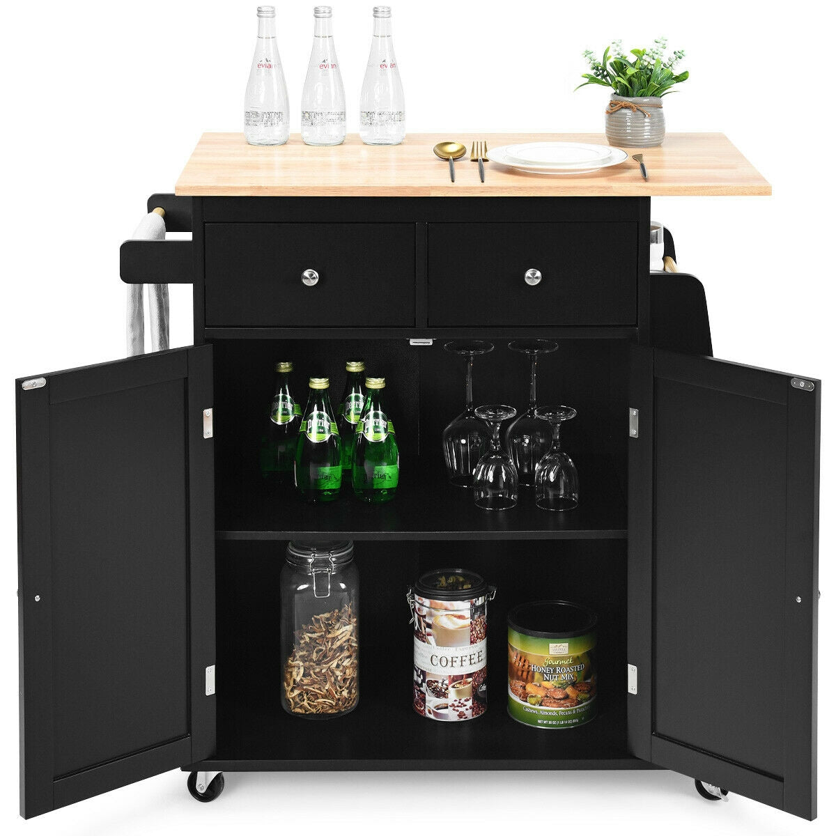 Rolling Kitchen Island Cart with Rubber Wood Countertop and Storage Drawers - Black