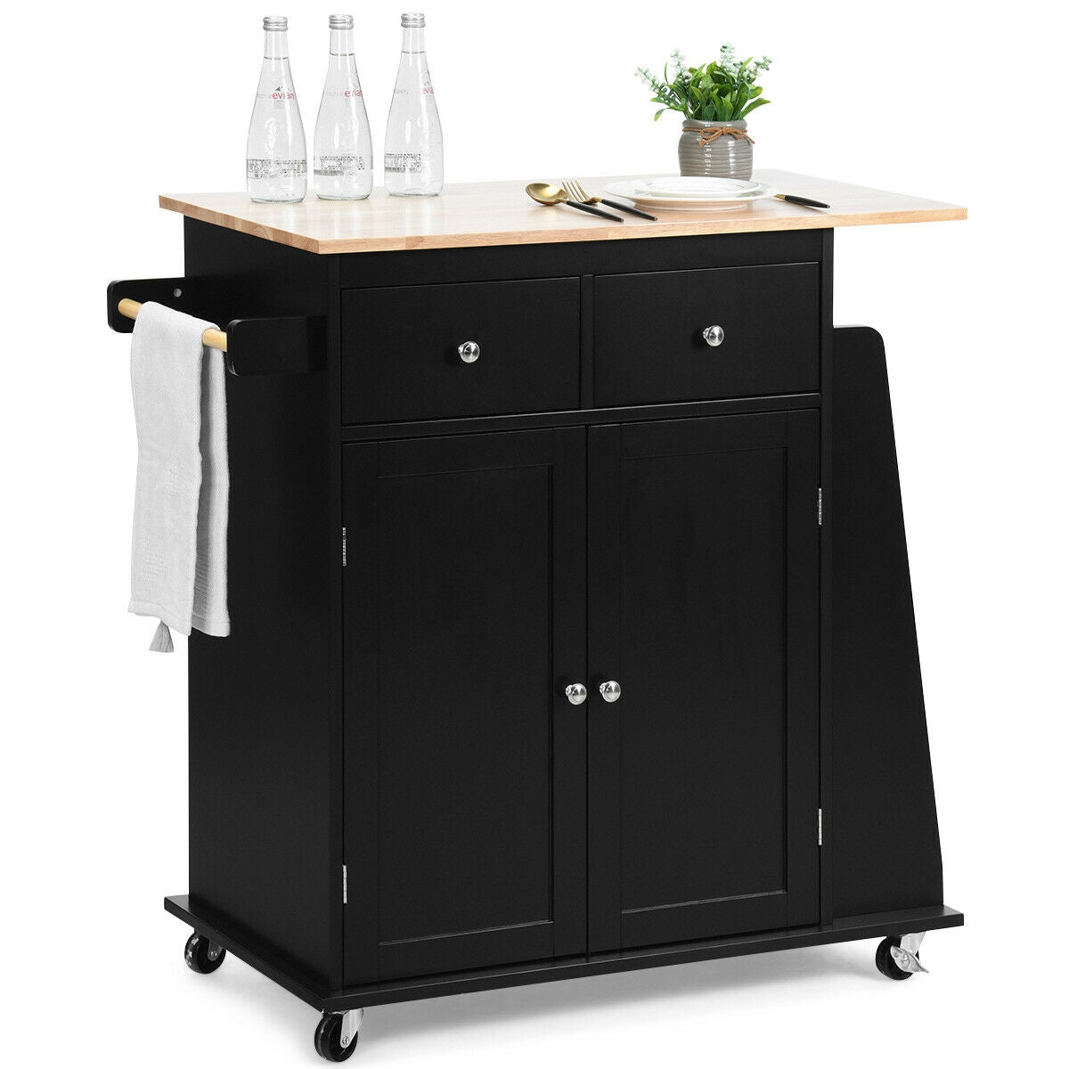 Rolling Kitchen Island Cart with Rubber Wood Countertop and Storage Drawers - Black