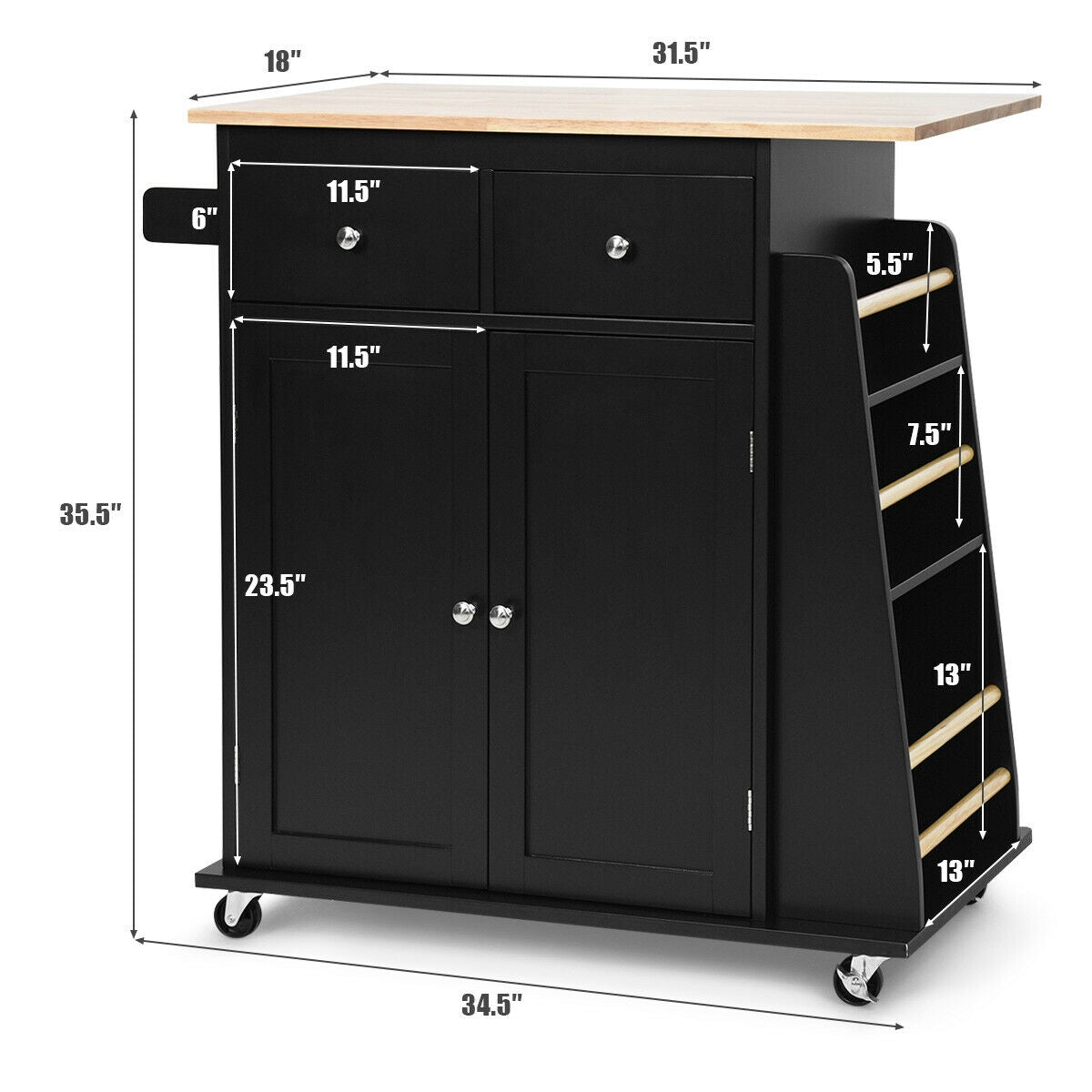 Rolling Kitchen Island Cart with Rubber Wood Countertop and Storage Drawers - Black
