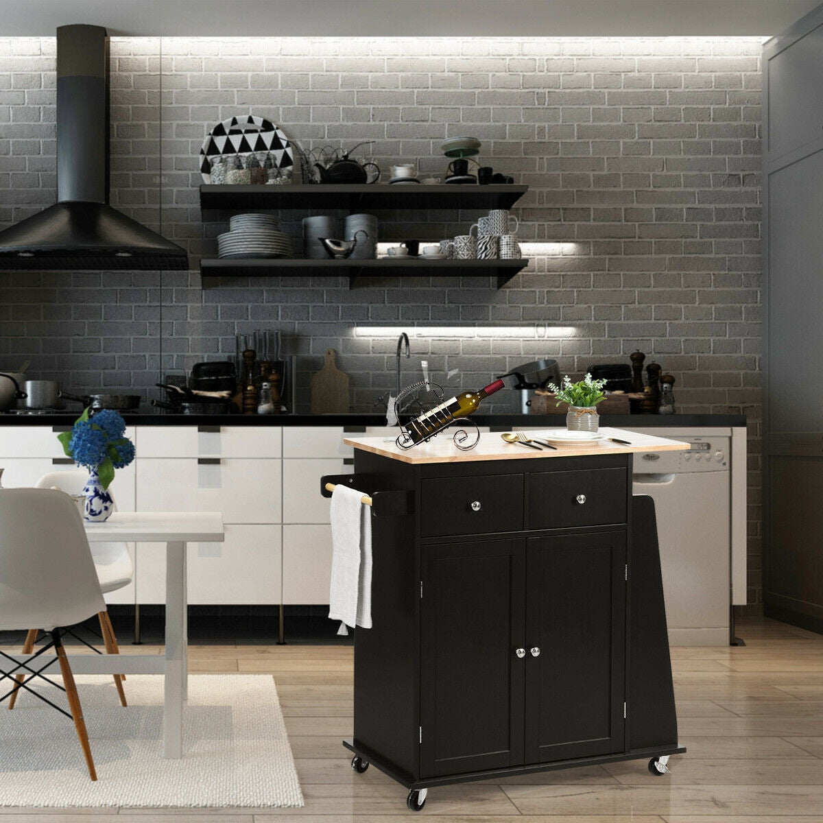 Rolling Kitchen Island Cart with Rubber Wood Countertop and Storage Drawers - Black